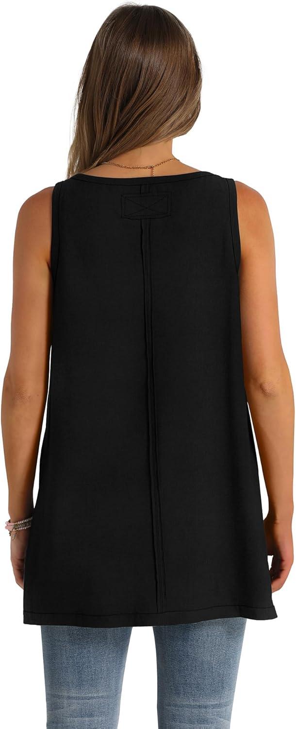 imageWIHOLL Loose Fit Tank Tops for Women Scoop Neck Summer Side Split Sleeveless Shirts 2025 FashionAblack