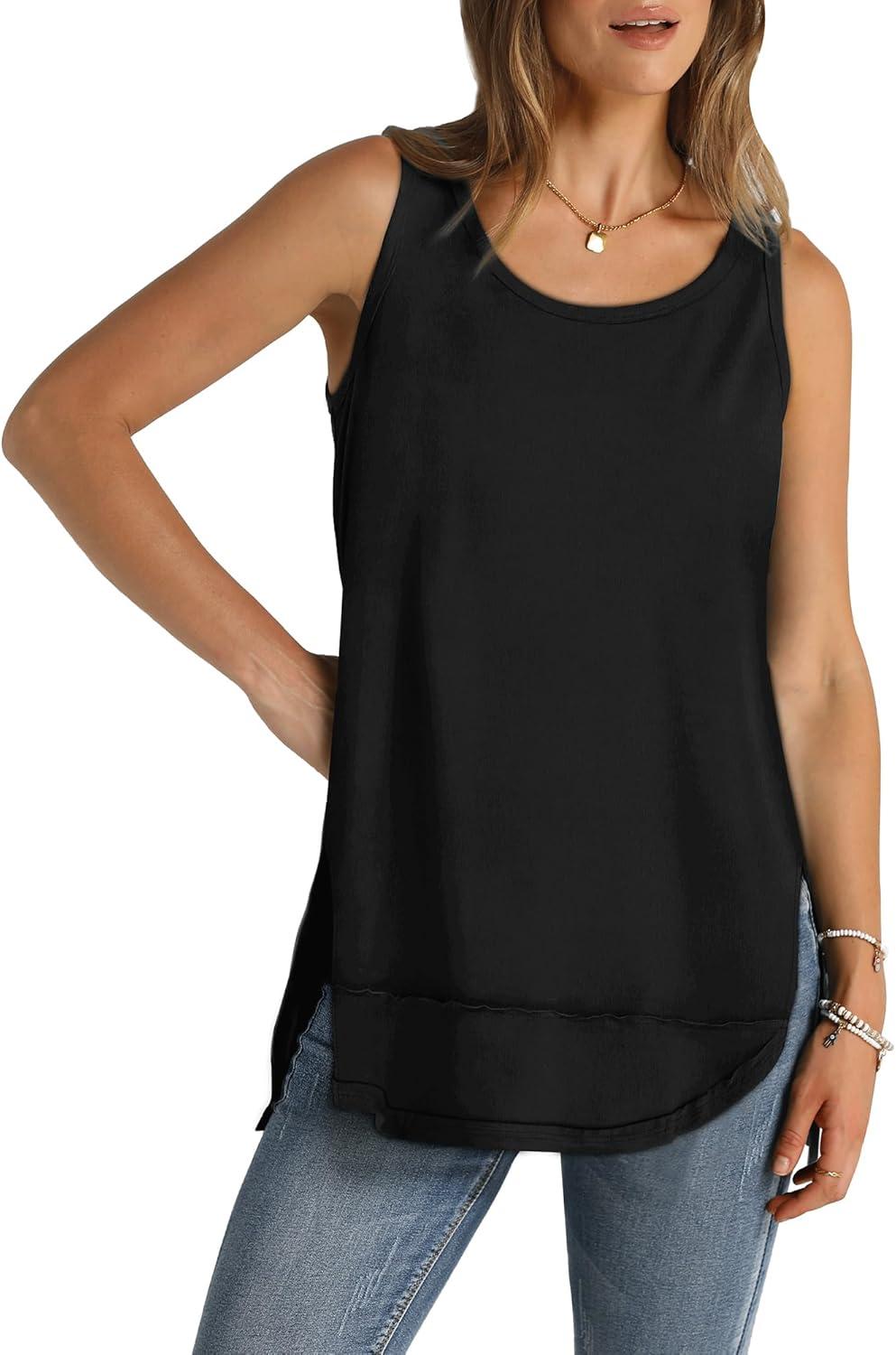 imageWIHOLL Loose Fit Tank Tops for Women Scoop Neck Summer Side Split Sleeveless Shirts 2025 FashionAblack