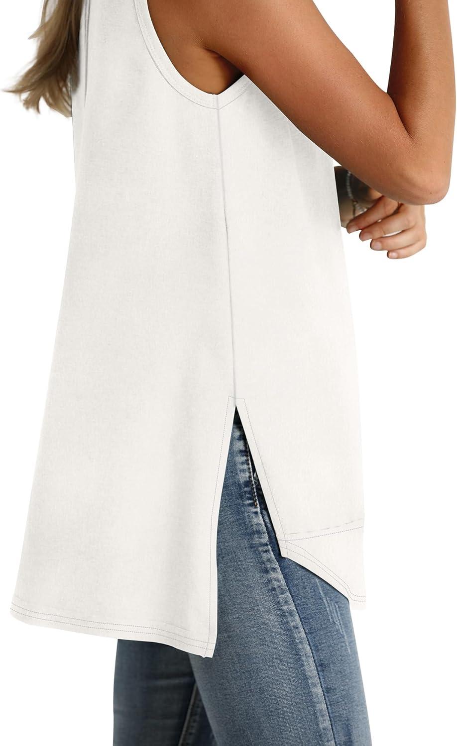 imageWIHOLL Loose Fit Tank Tops for Women Scoop Neck Summer Side Split Sleeveless Shirts 2025 FashionBwhite