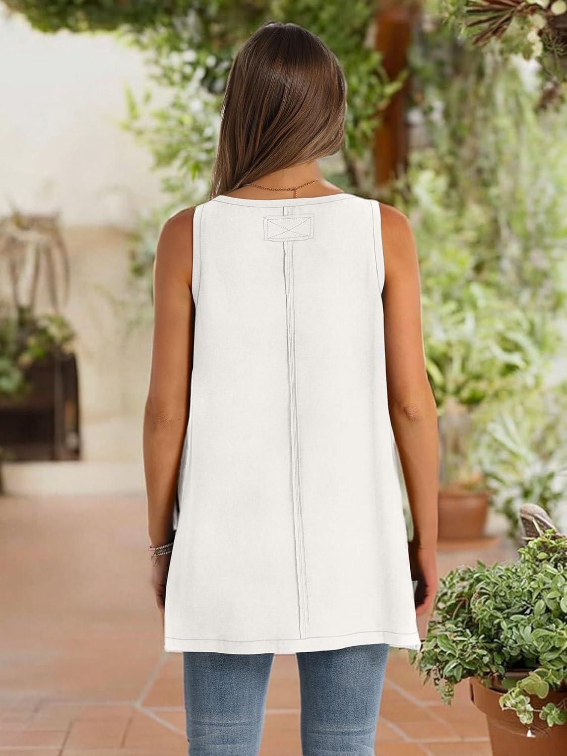 imageWIHOLL Loose Fit Tank Tops for Women Scoop Neck Summer Side Split Sleeveless Shirts 2025 FashionBwhite
