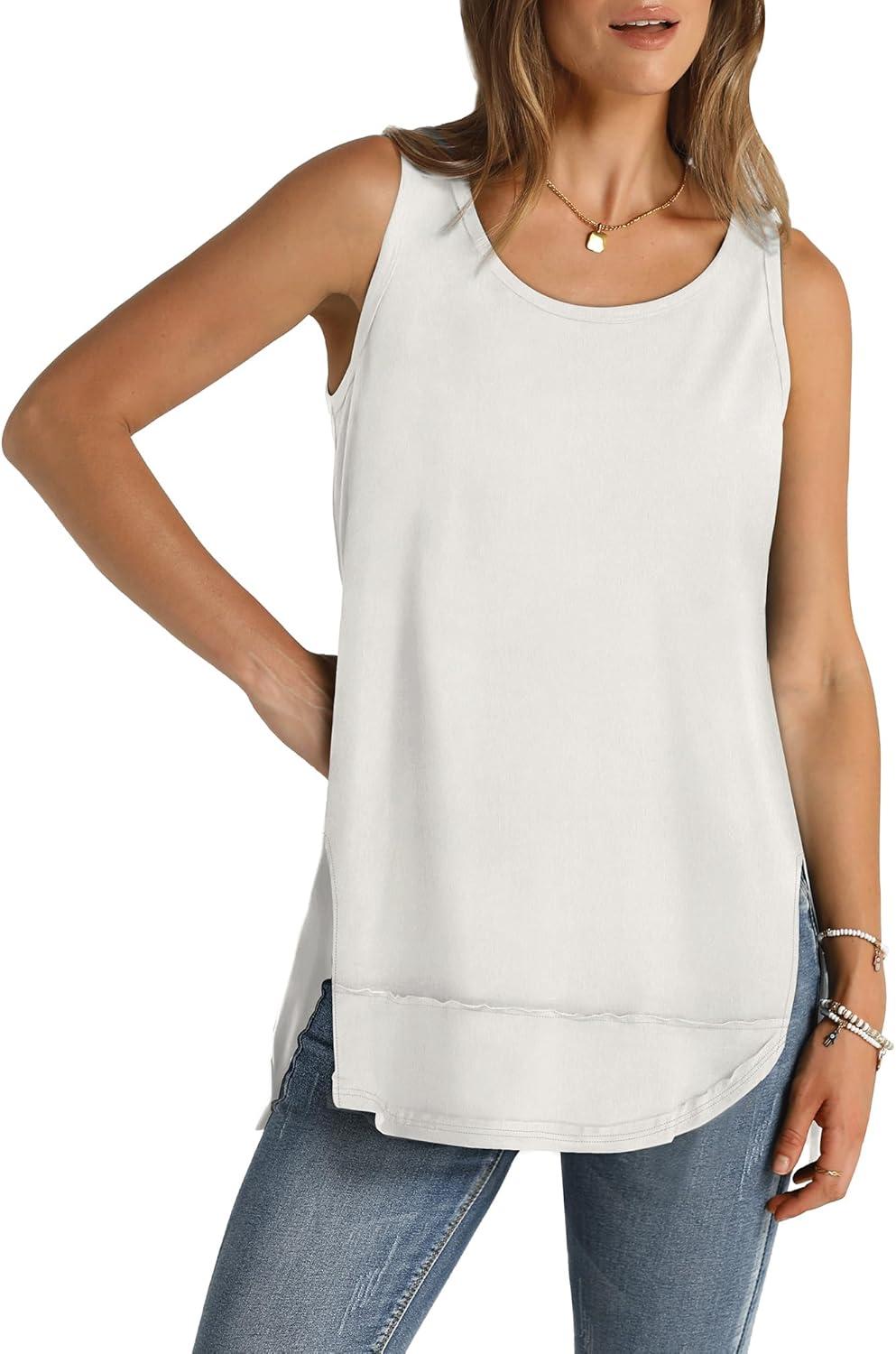 imageWIHOLL Loose Fit Tank Tops for Women Scoop Neck Summer Side Split Sleeveless Shirts 2025 FashionBwhite