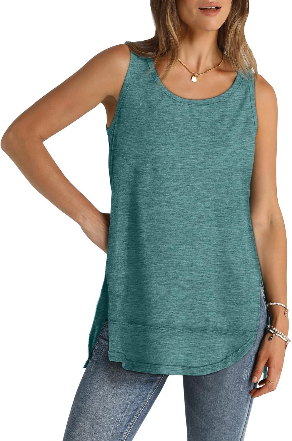 imageWIHOLL Loose Fit Tank Tops for Women Scoop Neck Summer Side Split Sleeveless Shirts 2025 FashionC0 Pine Green