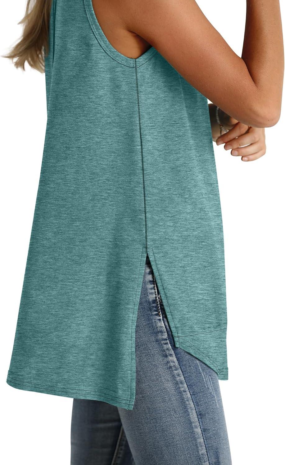 imageWIHOLL Loose Fit Tank Tops for Women Scoop Neck Summer Side Split Sleeveless Shirts 2025 FashionC0 Pine Green