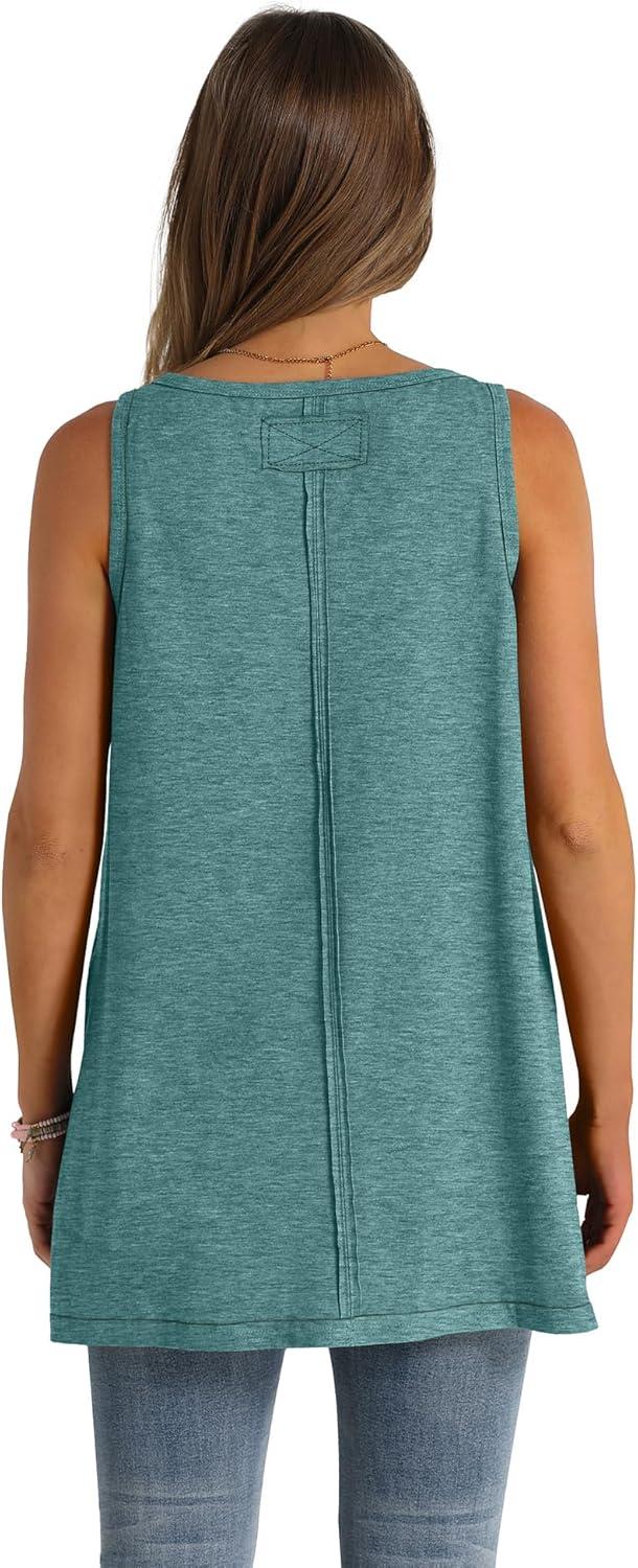 imageWIHOLL Loose Fit Tank Tops for Women Scoop Neck Summer Side Split Sleeveless Shirts 2025 FashionC0 Pine Green