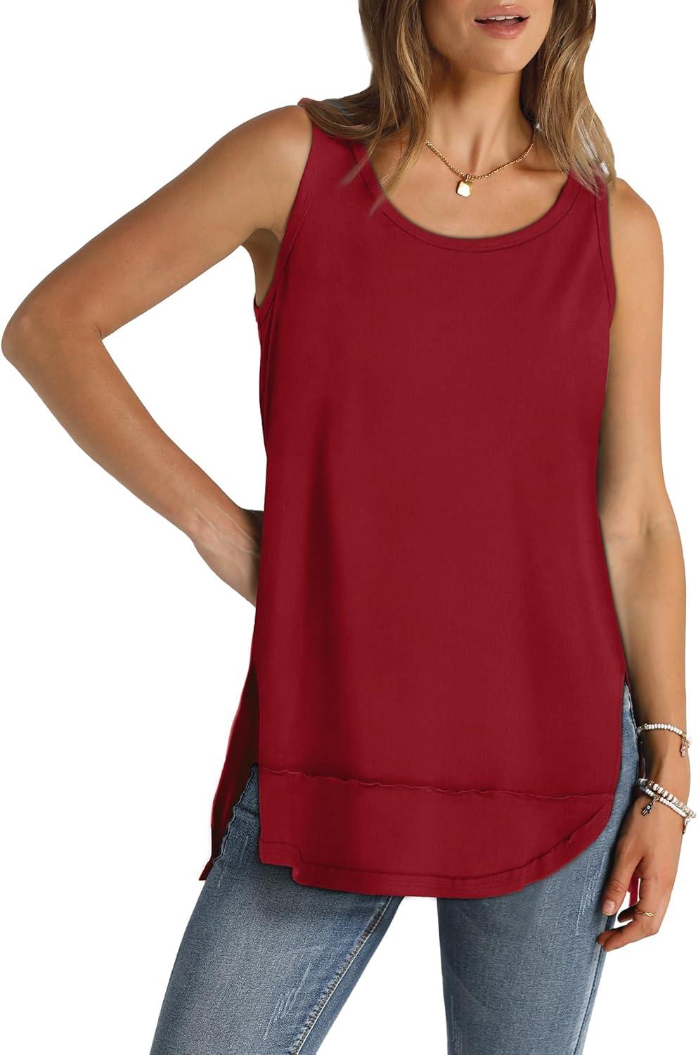 imageWIHOLL Loose Fit Tank Tops for Women Scoop Neck Summer Side Split Sleeveless Shirts 2025 FashionC0 Wine