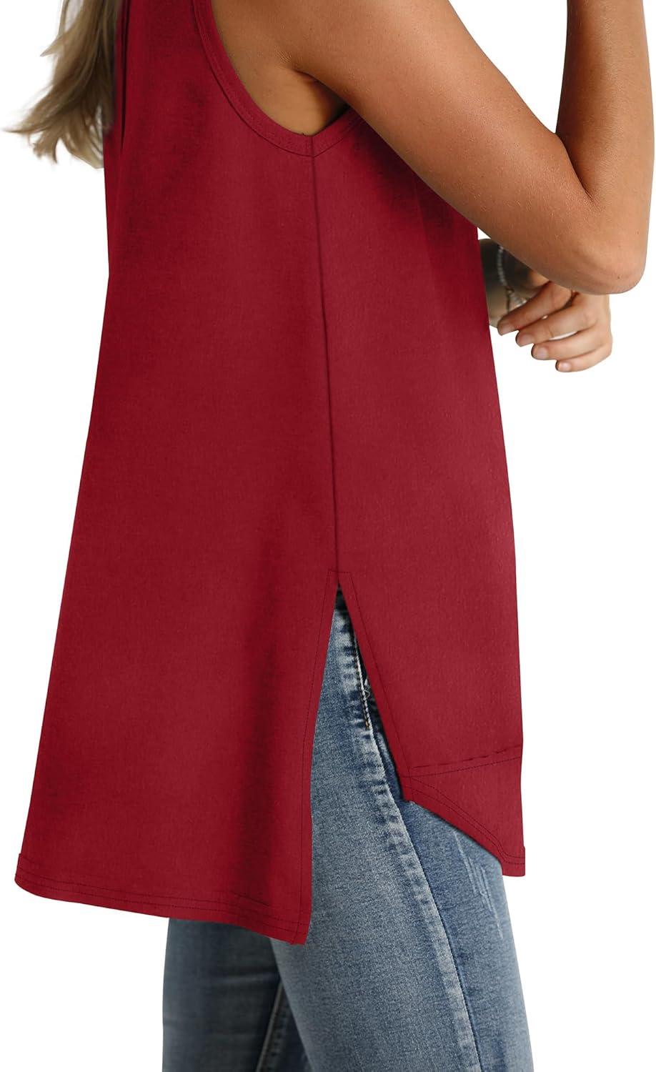 imageWIHOLL Loose Fit Tank Tops for Women Scoop Neck Summer Side Split Sleeveless Shirts 2025 FashionC0 Wine