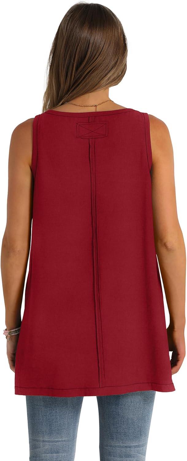 imageWIHOLL Loose Fit Tank Tops for Women Scoop Neck Summer Side Split Sleeveless Shirts 2025 FashionC0 Wine