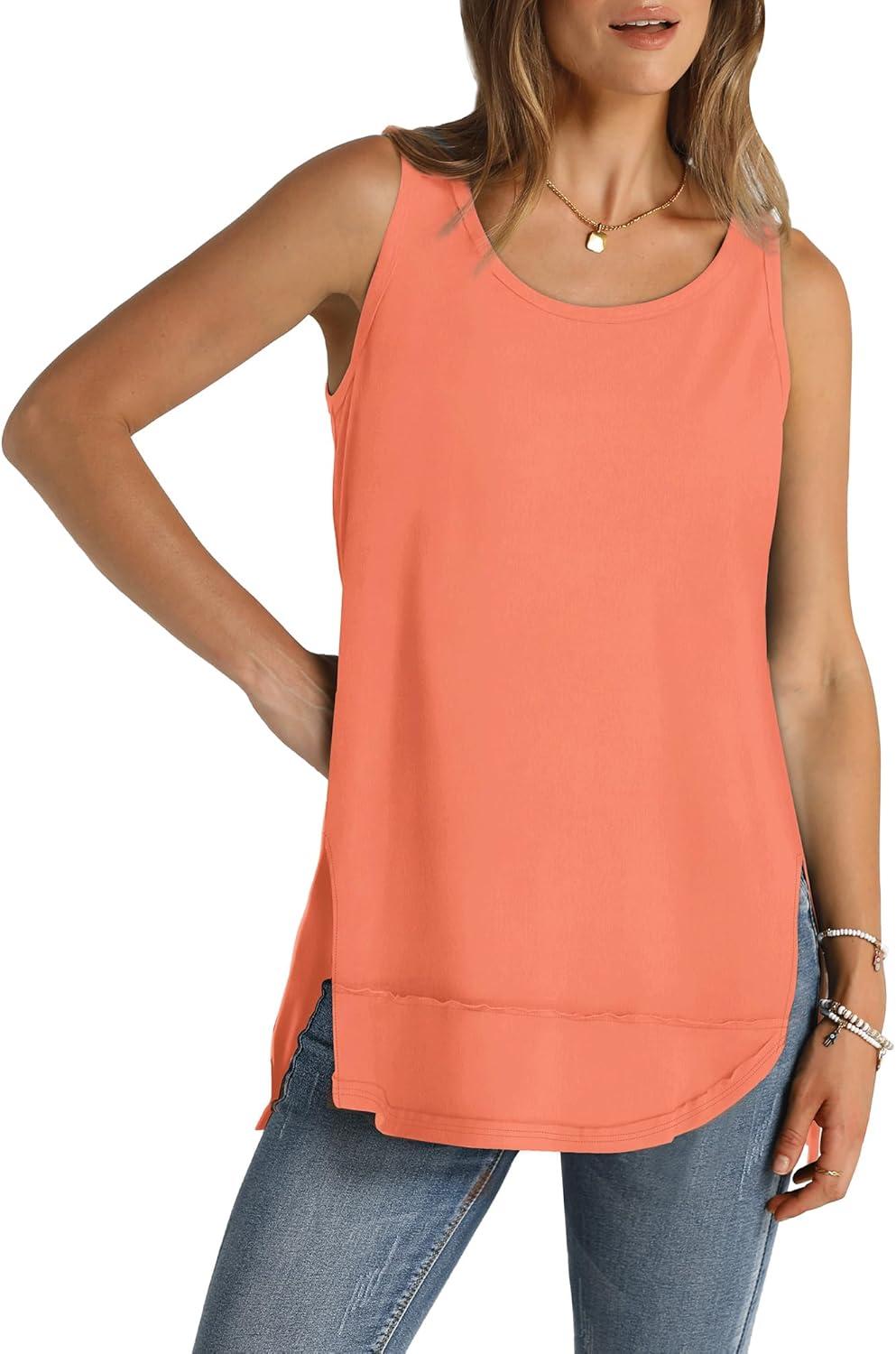 imageWIHOLL Loose Fit Tank Tops for Women Scoop Neck Summer Side Split Sleeveless Shirts 2025 FashionCcoral