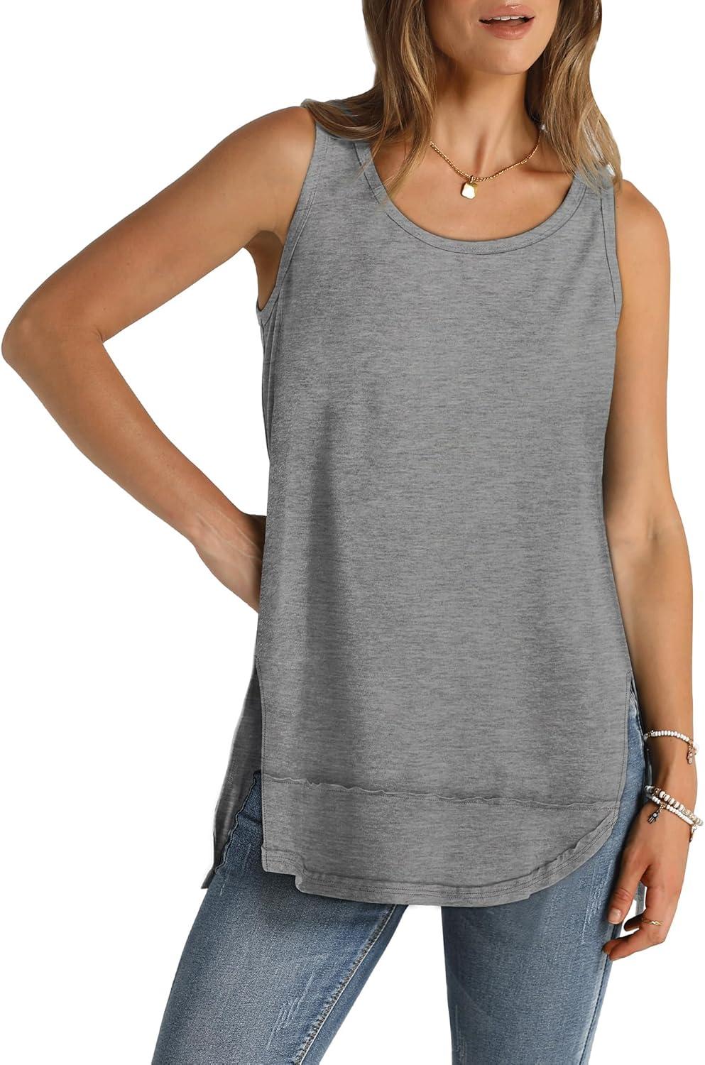imageWIHOLL Loose Fit Tank Tops for Women Scoop Neck Summer Side Split Sleeveless Shirts 2025 FashionCgrey