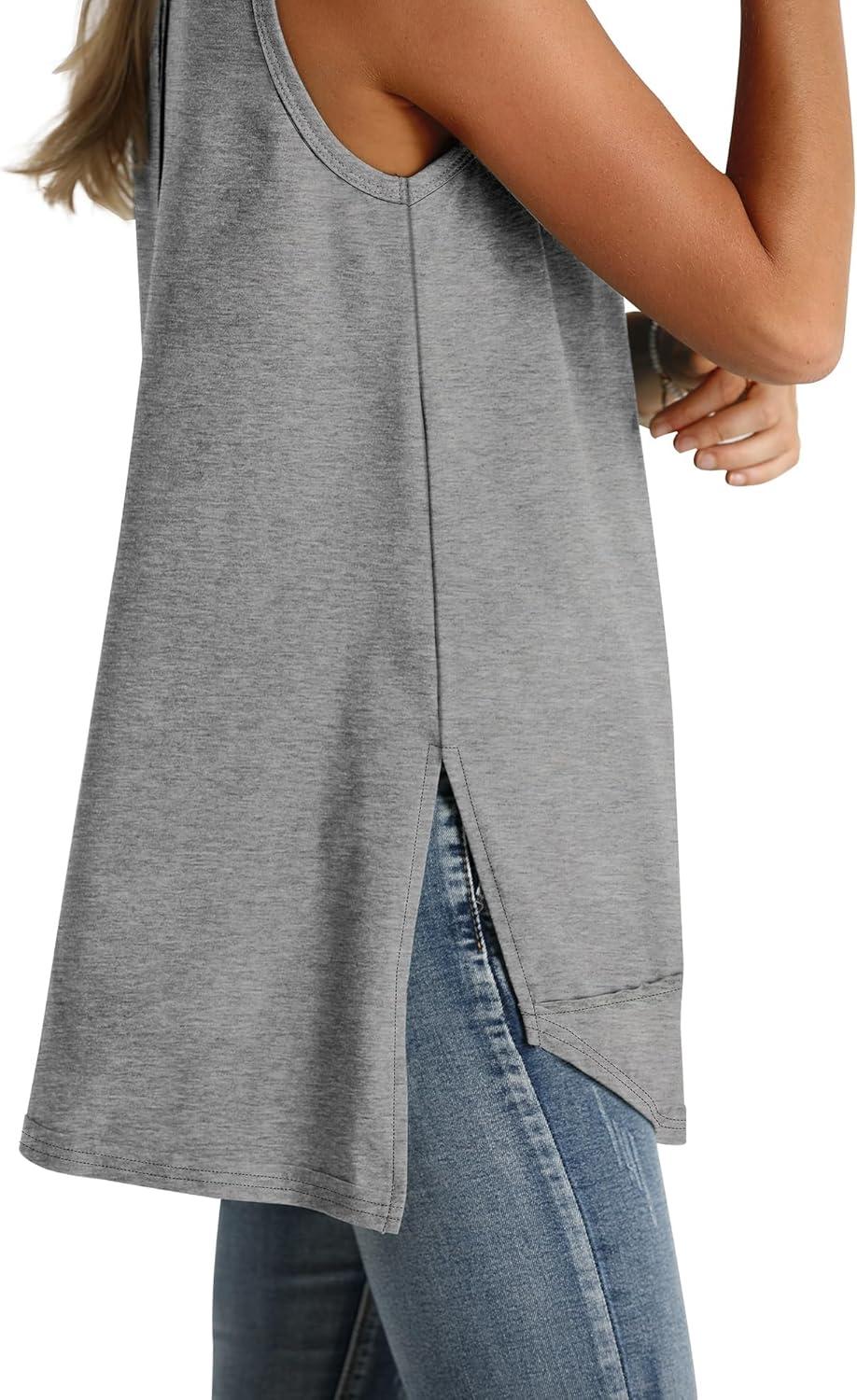 imageWIHOLL Loose Fit Tank Tops for Women Scoop Neck Summer Side Split Sleeveless Shirts 2025 FashionCgrey