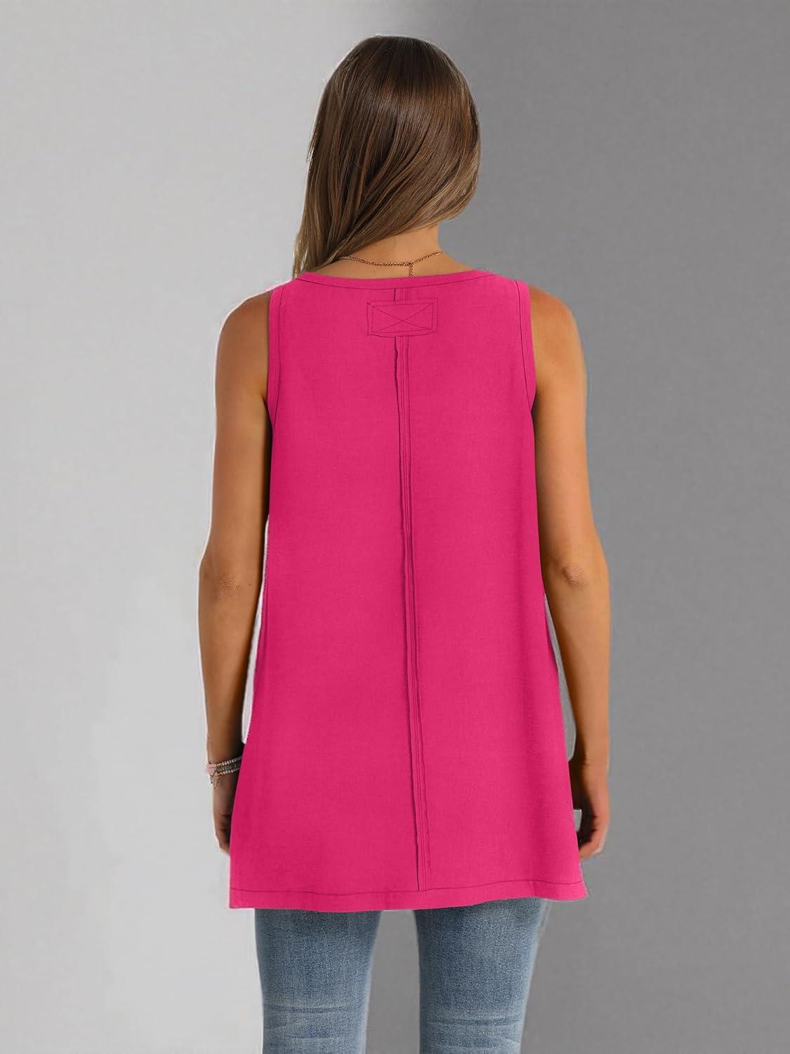 imageWIHOLL Loose Fit Tank Tops for Women Scoop Neck Summer Side Split Sleeveless Shirts 2025 FashionChot Pink