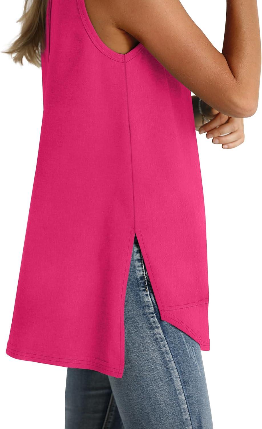 imageWIHOLL Loose Fit Tank Tops for Women Scoop Neck Summer Side Split Sleeveless Shirts 2025 FashionChot Pink