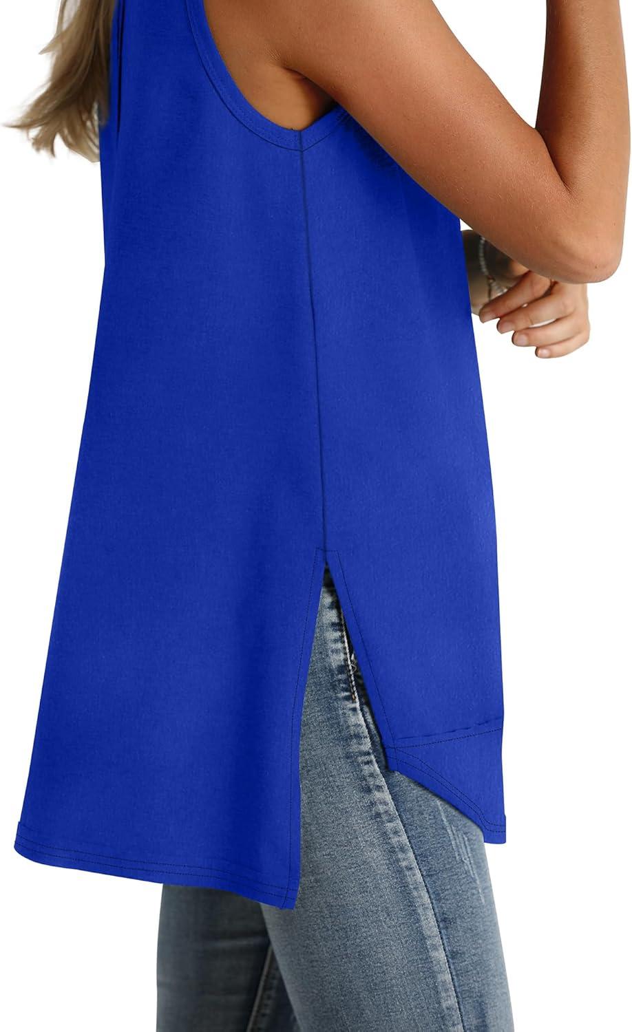 imageWIHOLL Loose Fit Tank Tops for Women Scoop Neck Summer Side Split Sleeveless Shirts 2025 FashionDblue