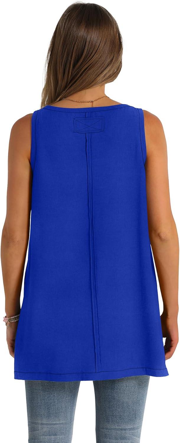 imageWIHOLL Loose Fit Tank Tops for Women Scoop Neck Summer Side Split Sleeveless Shirts 2025 FashionDblue