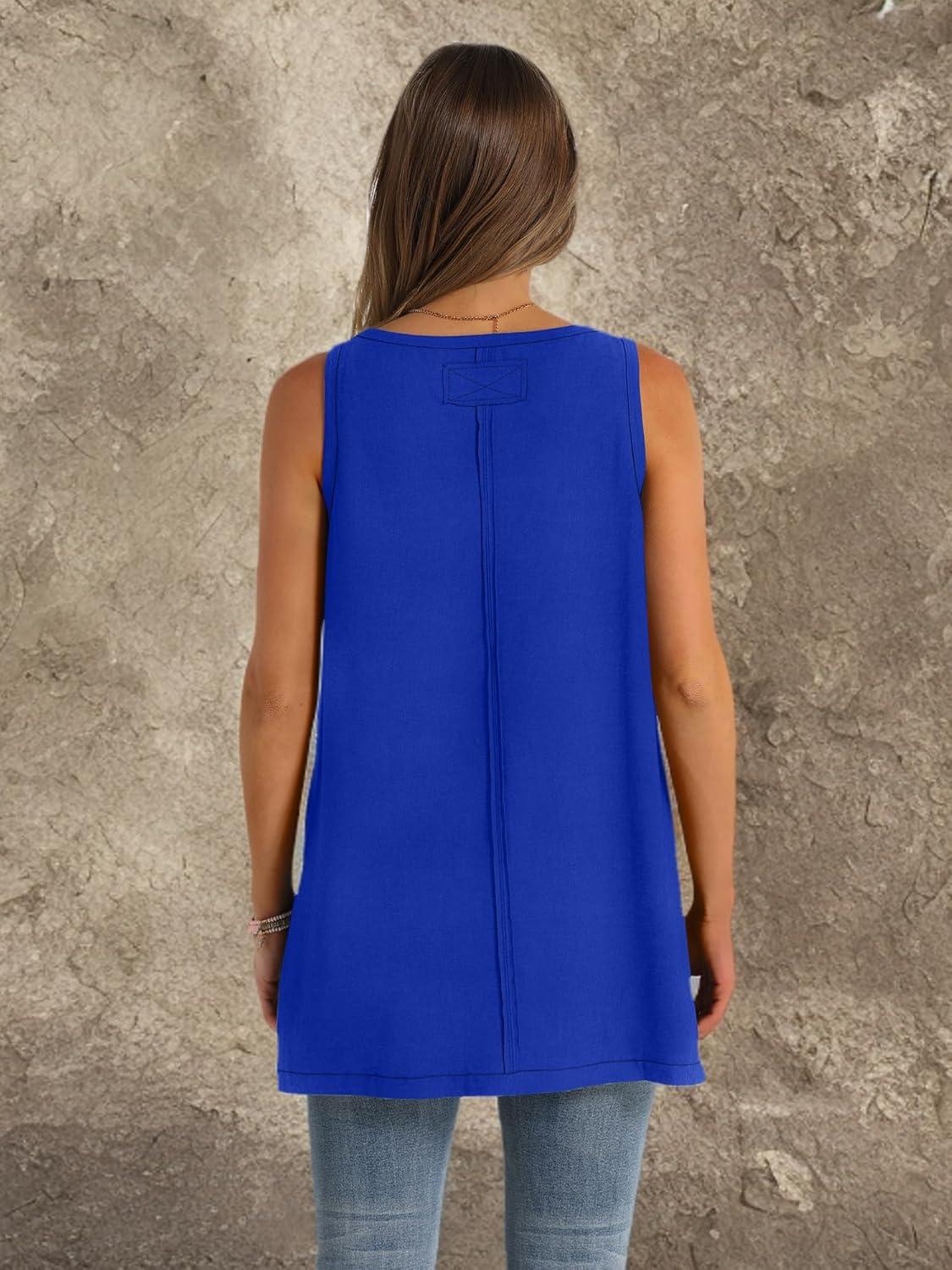 imageWIHOLL Loose Fit Tank Tops for Women Scoop Neck Summer Side Split Sleeveless Shirts 2025 FashionDblue