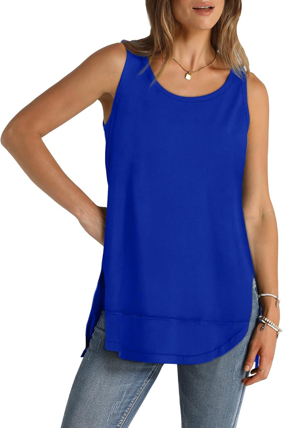 imageWIHOLL Loose Fit Tank Tops for Women Scoop Neck Summer Side Split Sleeveless Shirts 2025 FashionDblue