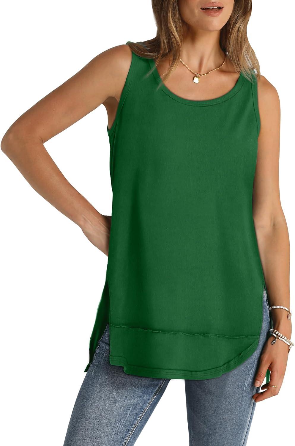 imageWIHOLL Loose Fit Tank Tops for Women Scoop Neck Summer Side Split Sleeveless Shirts 2025 FashionDgreen