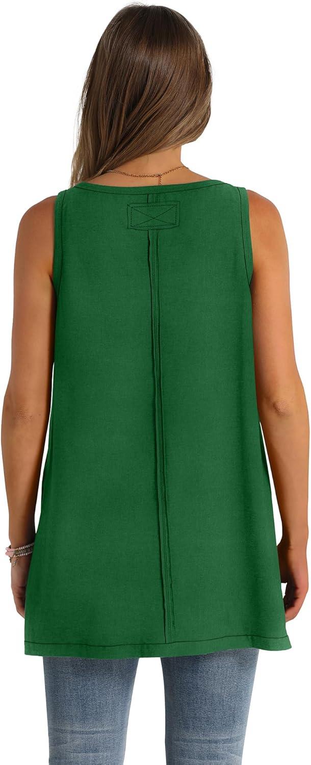 imageWIHOLL Loose Fit Tank Tops for Women Scoop Neck Summer Side Split Sleeveless Shirts 2025 FashionDgreen