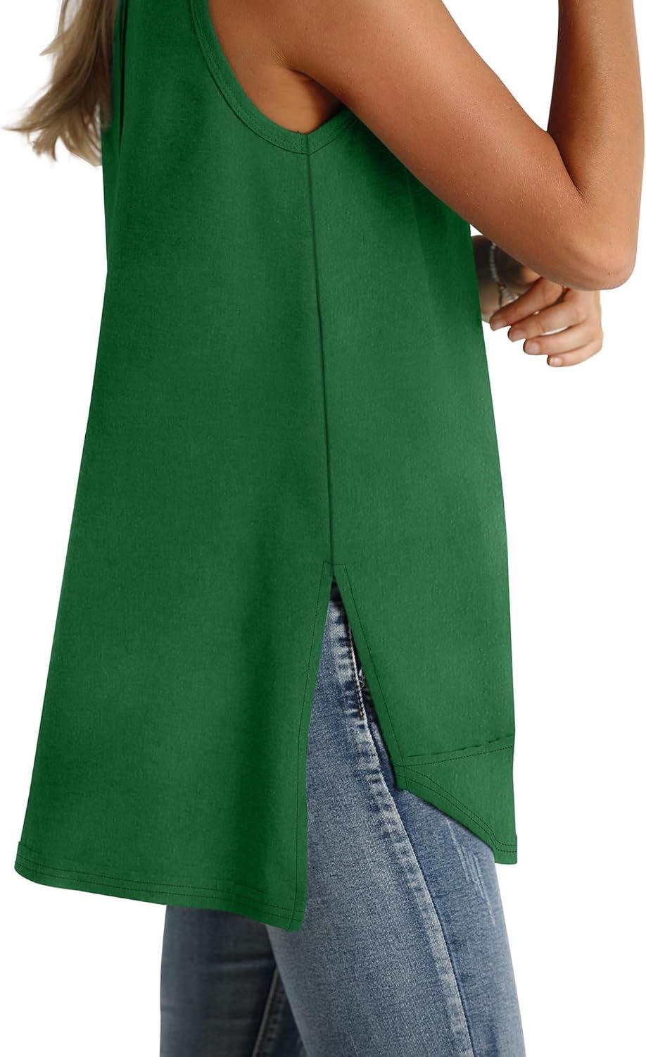 imageWIHOLL Loose Fit Tank Tops for Women Scoop Neck Summer Side Split Sleeveless Shirts 2025 FashionDgreen