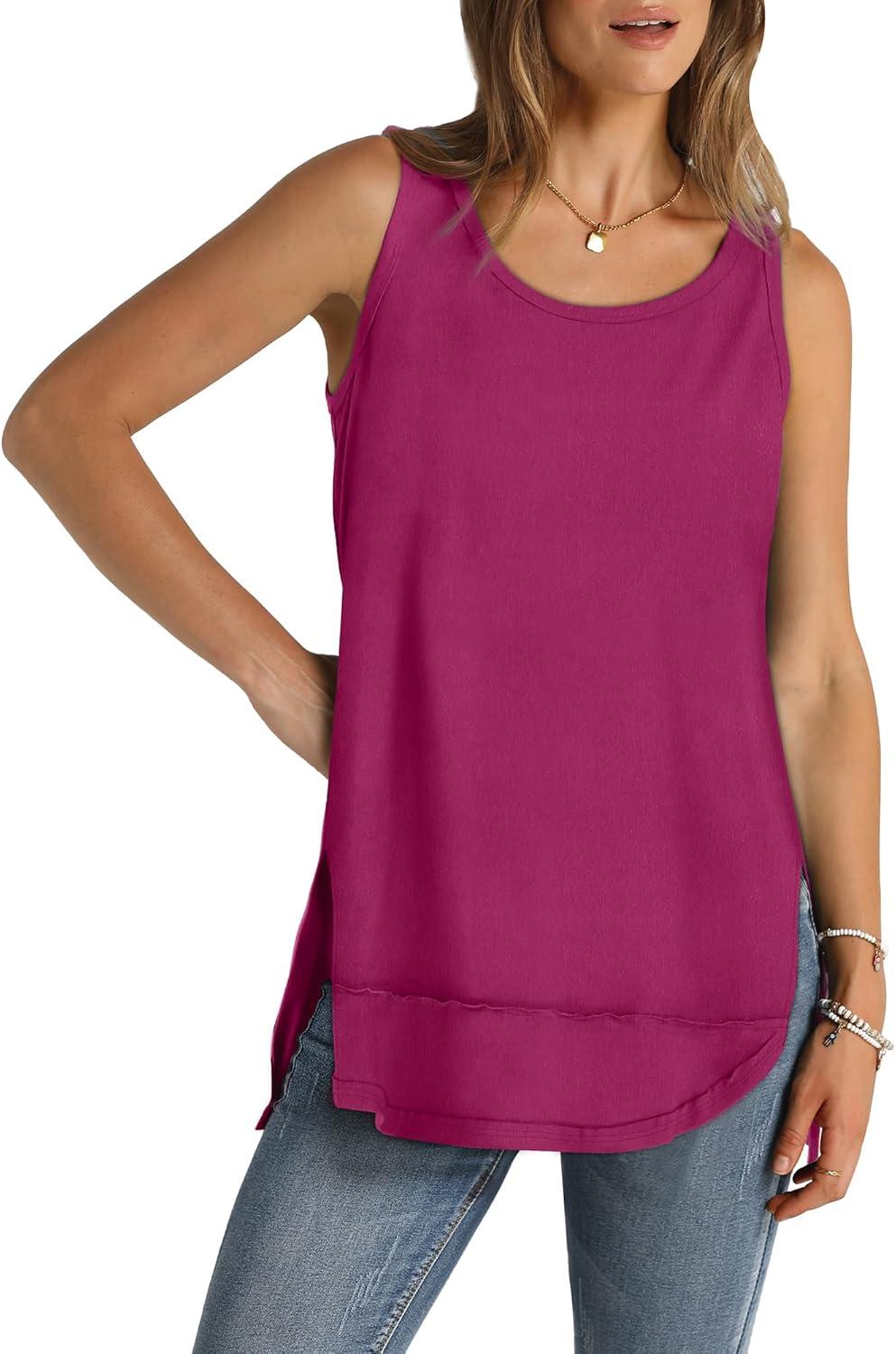 imageWIHOLL Loose Fit Tank Tops for Women Scoop Neck Summer Side Split Sleeveless Shirts 2025 FashionDgrey Purple