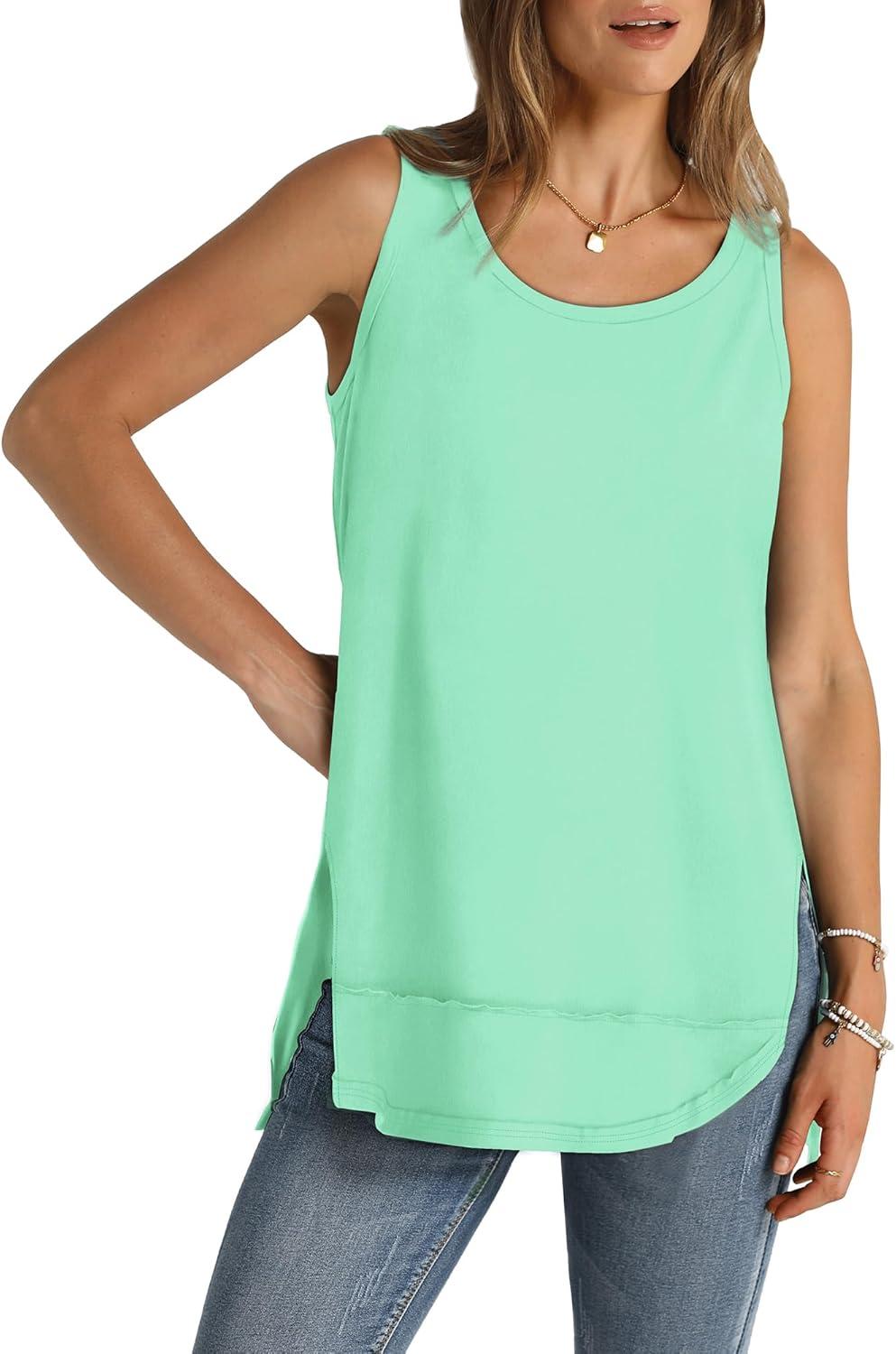 imageWIHOLL Loose Fit Tank Tops for Women Scoop Neck Summer Side Split Sleeveless Shirts 2025 FashionDlight Green