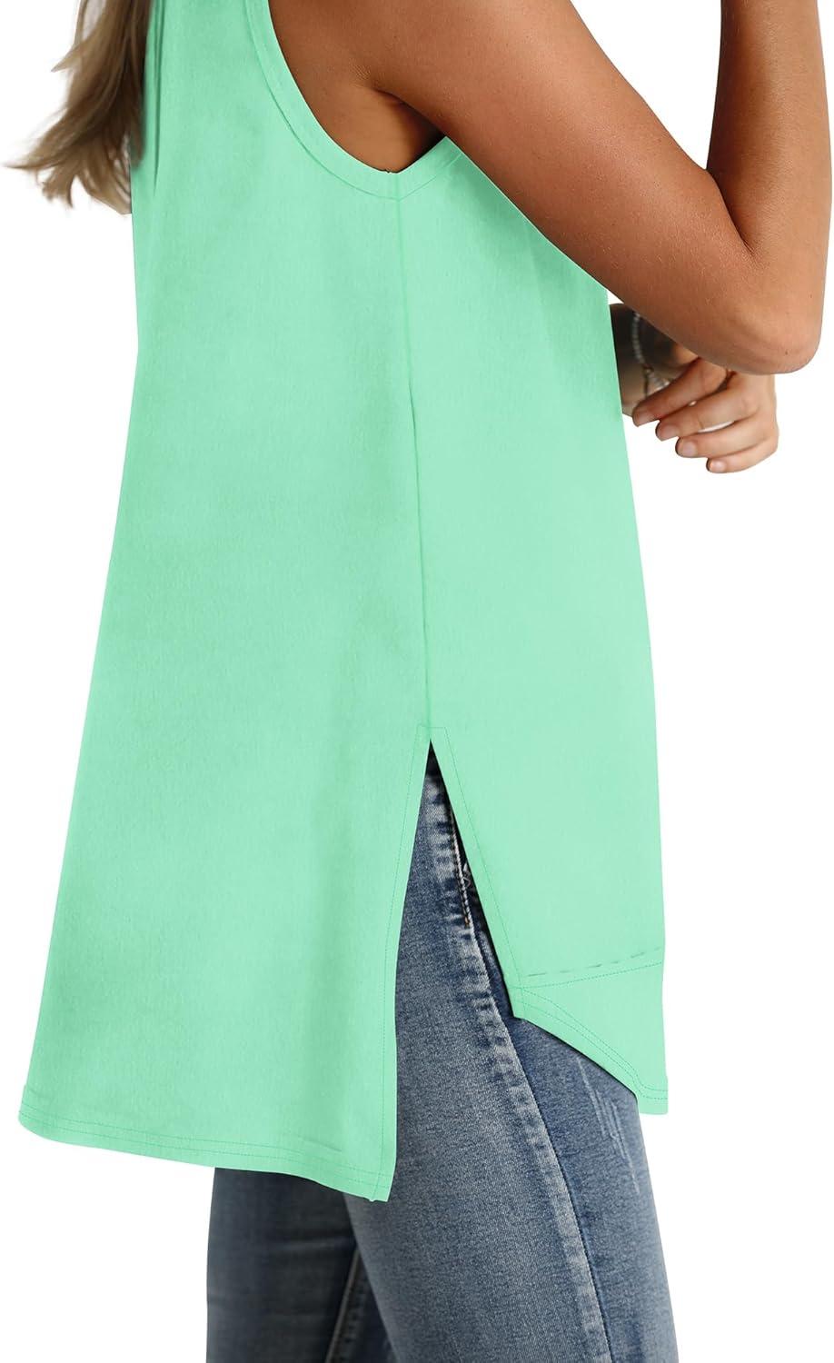 imageWIHOLL Loose Fit Tank Tops for Women Scoop Neck Summer Side Split Sleeveless Shirts 2025 FashionDlight Green