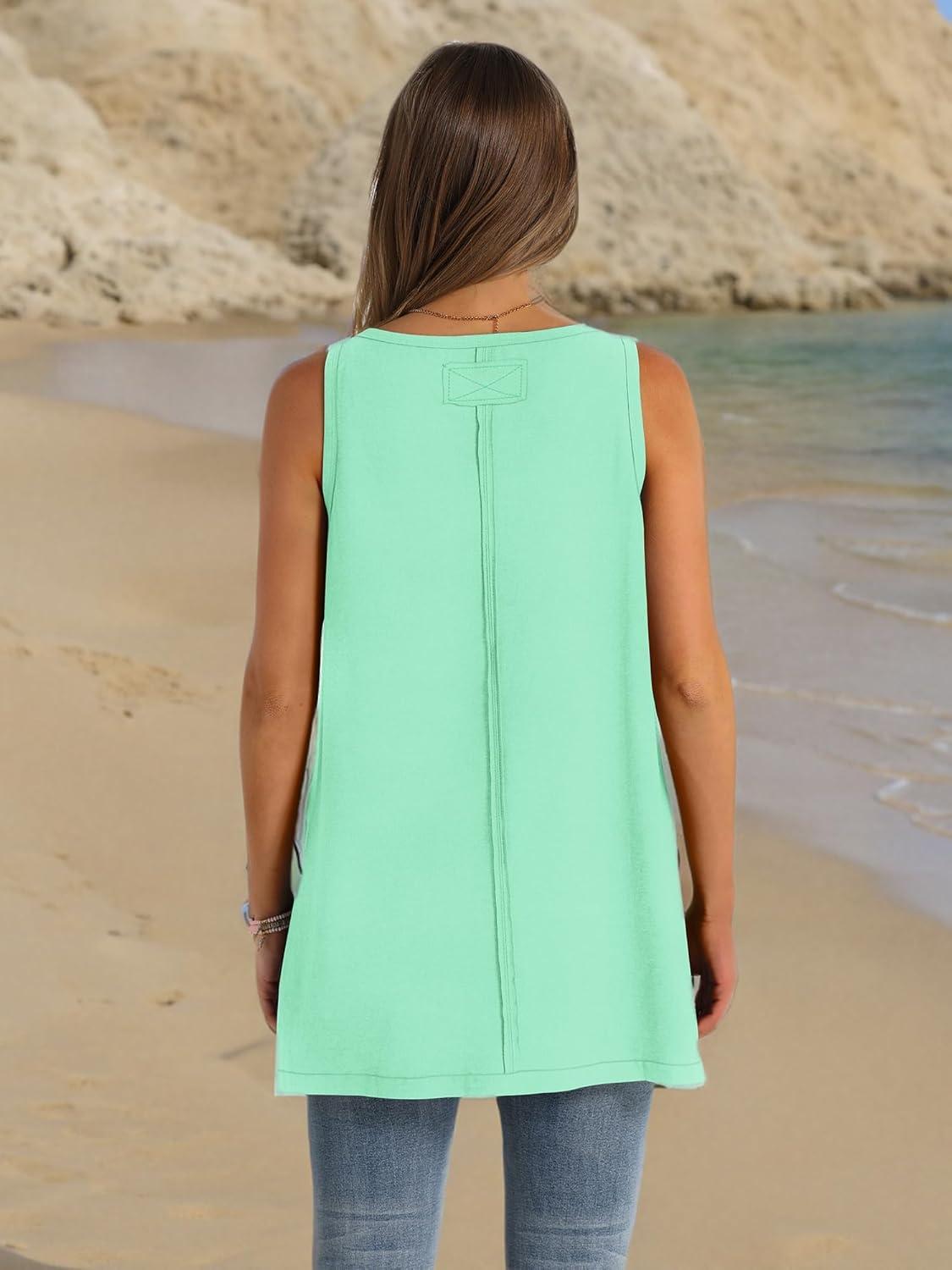 imageWIHOLL Loose Fit Tank Tops for Women Scoop Neck Summer Side Split Sleeveless Shirts 2025 FashionDlight Green