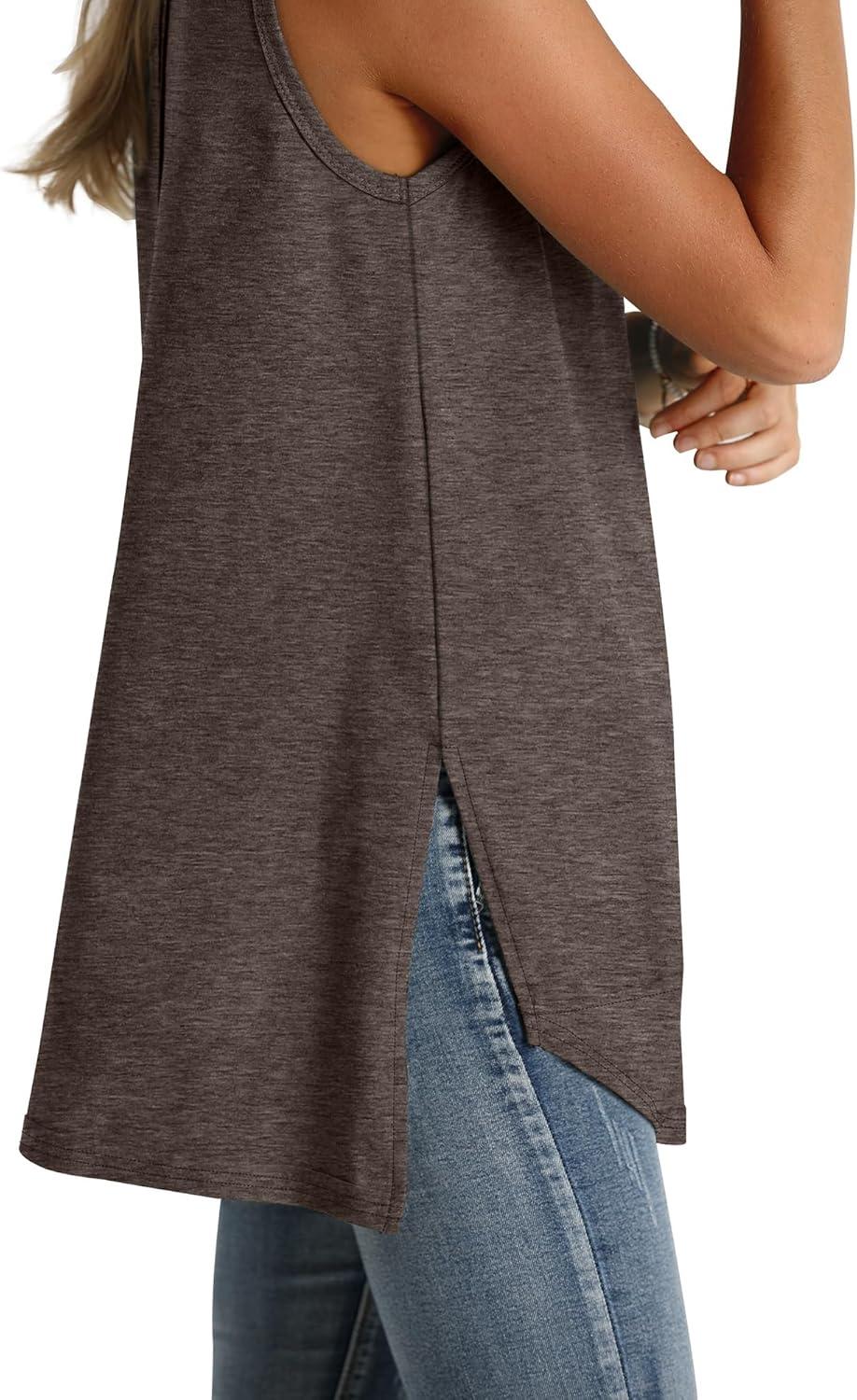 imageWIHOLL Loose Fit Tank Tops for Women Scoop Neck Summer Side Split Sleeveless Shirts 2025 FashionFbrown