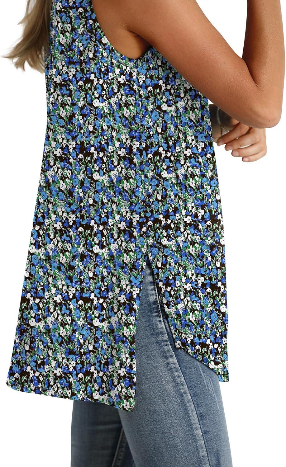 imageWIHOLL Loose Fit Tank Tops for Women Scoop Neck Summer Side Split Sleeveless Shirts 2025 FashionGblue Print