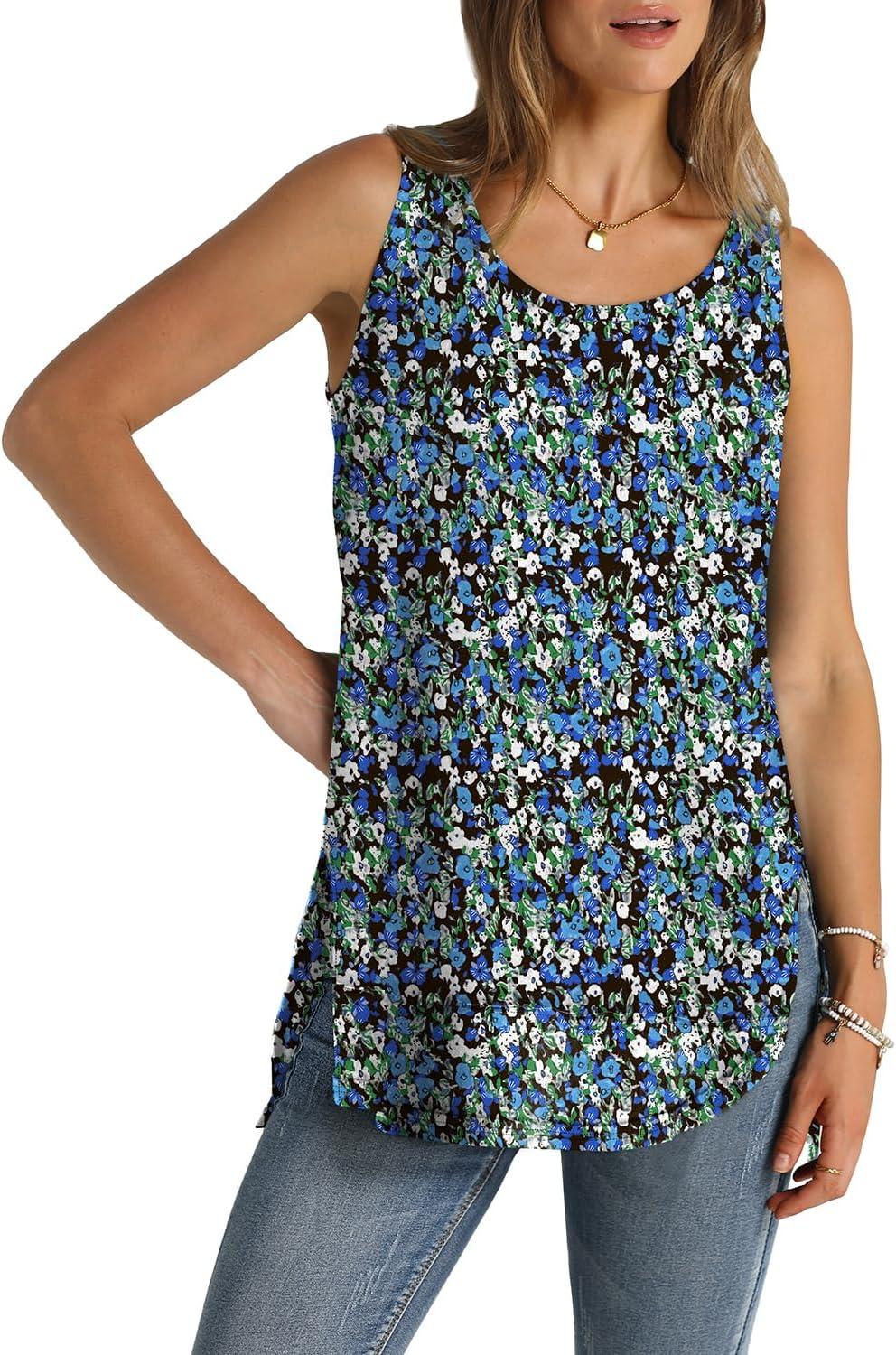 imageWIHOLL Loose Fit Tank Tops for Women Scoop Neck Summer Side Split Sleeveless Shirts 2025 FashionGblue Print