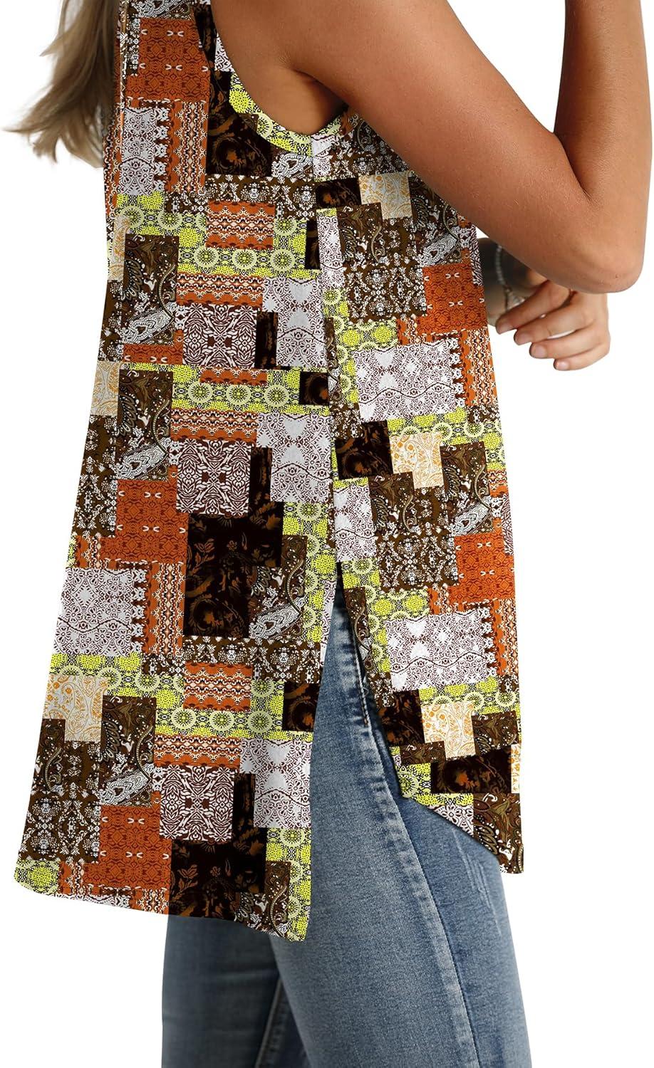 imageWIHOLL Loose Fit Tank Tops for Women Scoop Neck Summer Side Split Sleeveless Shirts 2025 FashionGbrown Print