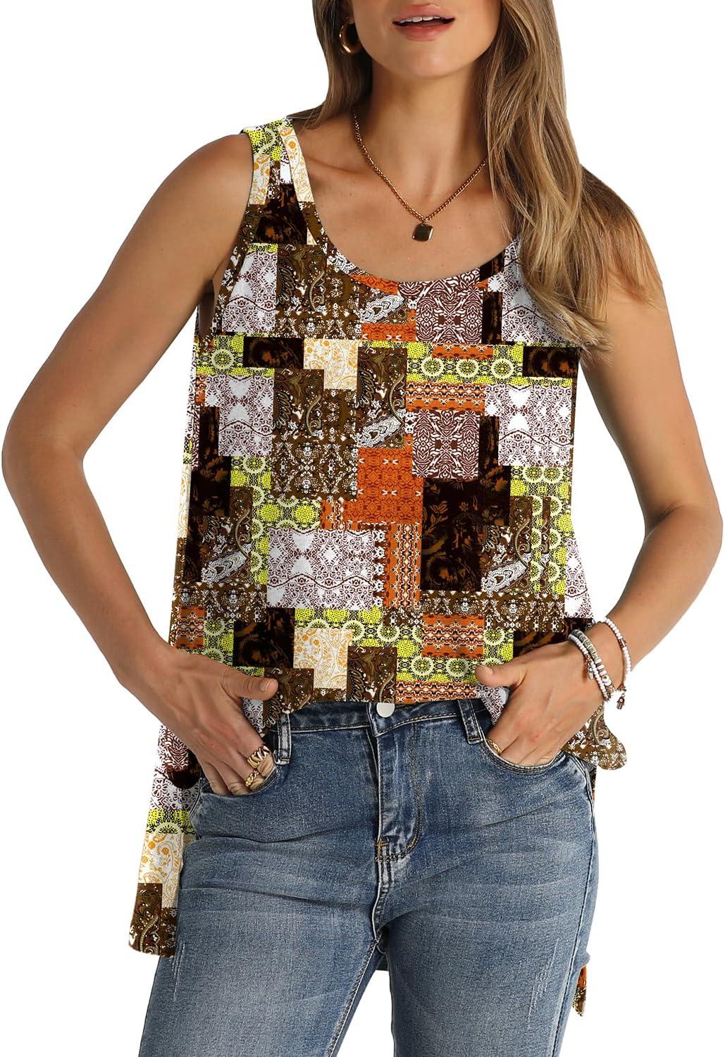 imageWIHOLL Loose Fit Tank Tops for Women Scoop Neck Summer Side Split Sleeveless Shirts 2025 FashionGbrown Print