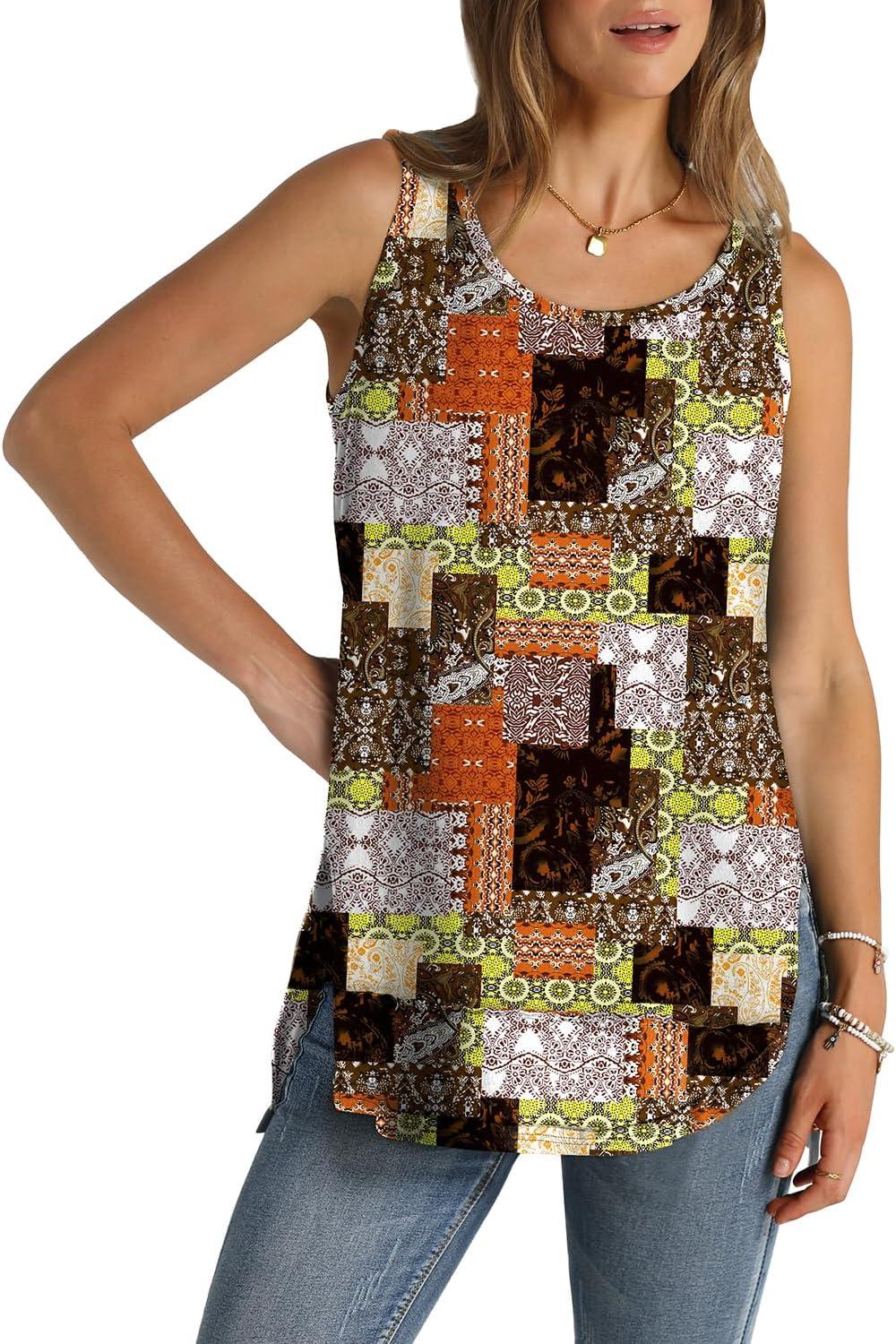 imageWIHOLL Loose Fit Tank Tops for Women Scoop Neck Summer Side Split Sleeveless Shirts 2025 FashionGbrown Print