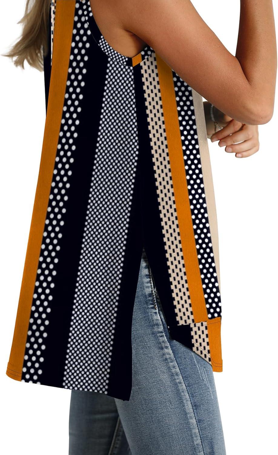 imageWIHOLL Loose Fit Tank Tops for Women Scoop Neck Summer Side Split Sleeveless Shirts 2025 FashionGstripe Print