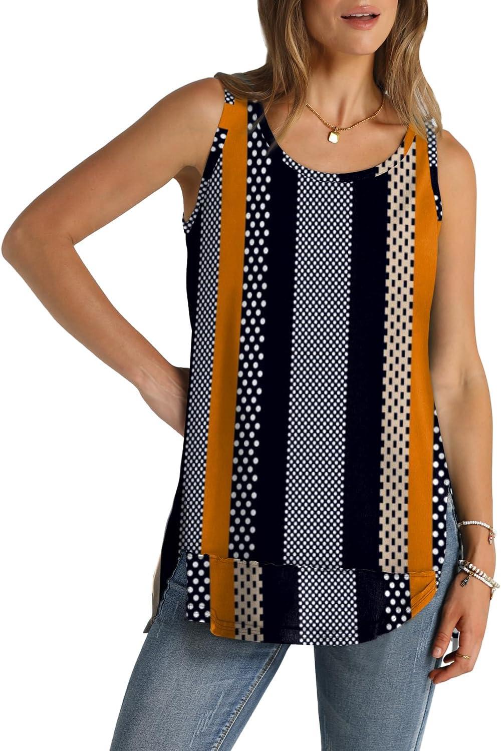 imageWIHOLL Loose Fit Tank Tops for Women Scoop Neck Summer Side Split Sleeveless Shirts 2025 FashionGstripe Print