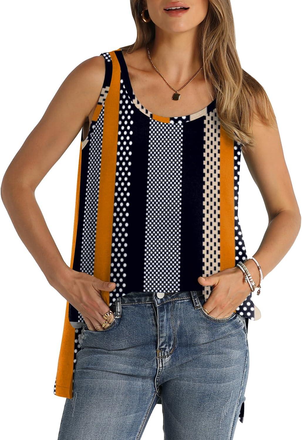 imageWIHOLL Loose Fit Tank Tops for Women Scoop Neck Summer Side Split Sleeveless Shirts 2025 FashionGstripe Print