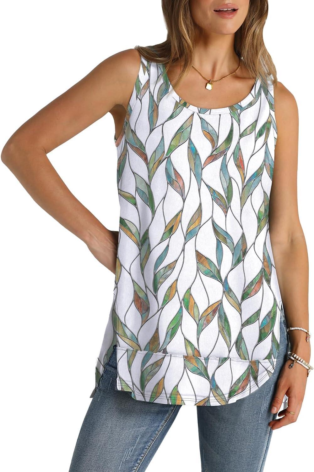 imageWIHOLL Loose Fit Tank Tops for Women Scoop Neck Summer Side Split Sleeveless Shirts 2025 FashionGwhite Print