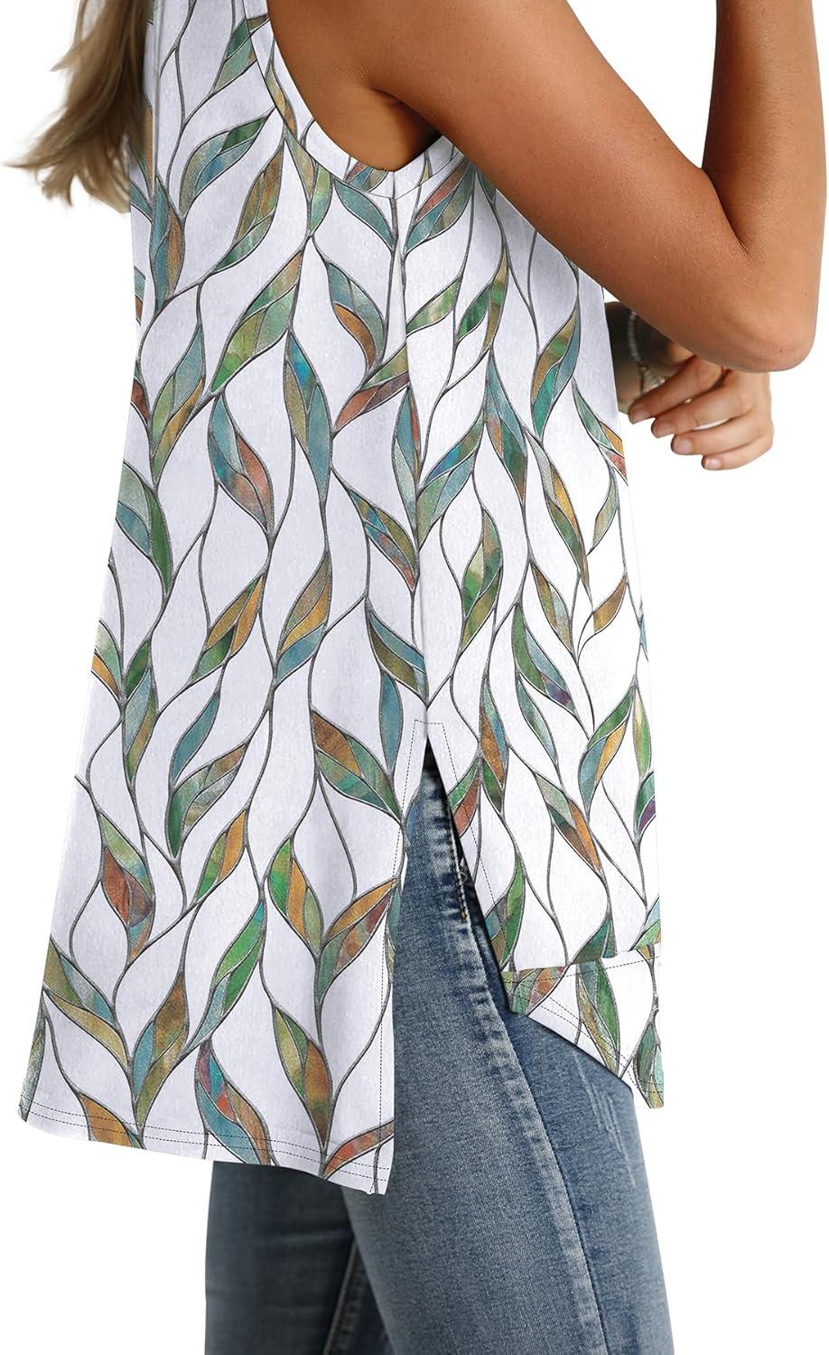 imageWIHOLL Loose Fit Tank Tops for Women Scoop Neck Summer Side Split Sleeveless Shirts 2025 FashionGwhite Print