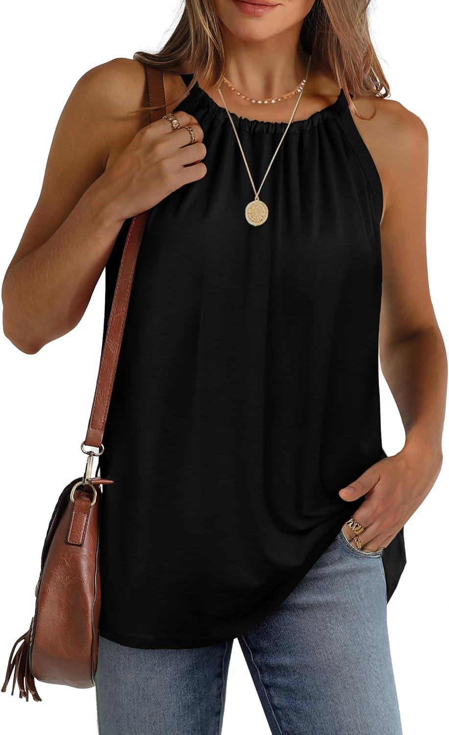 imageWIHOLL Summer Halter Neck Tank Tops for Women Pleated Loose Fit Sleeveless Tops FlowyAblack