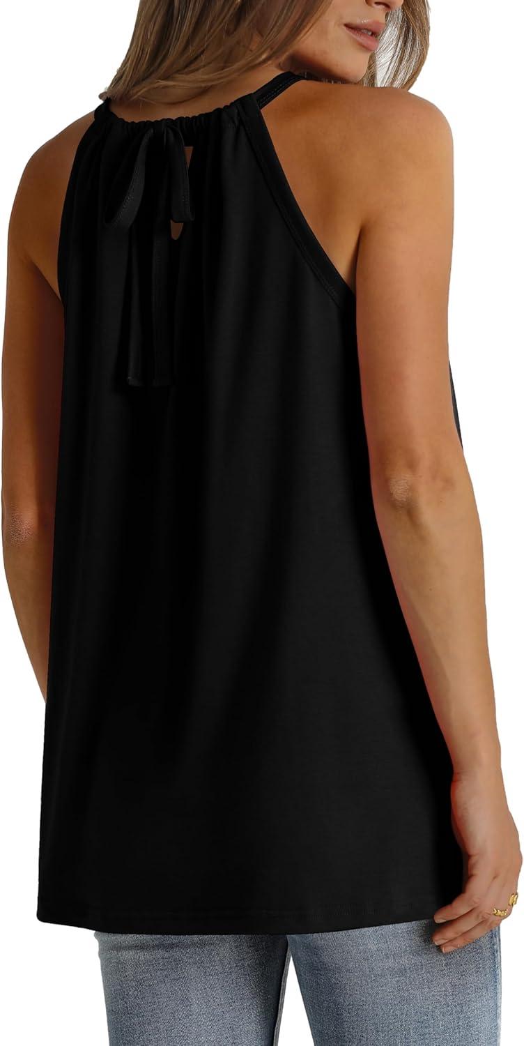 imageWIHOLL Summer Halter Neck Tank Tops for Women Pleated Loose Fit Sleeveless Tops FlowyAblack