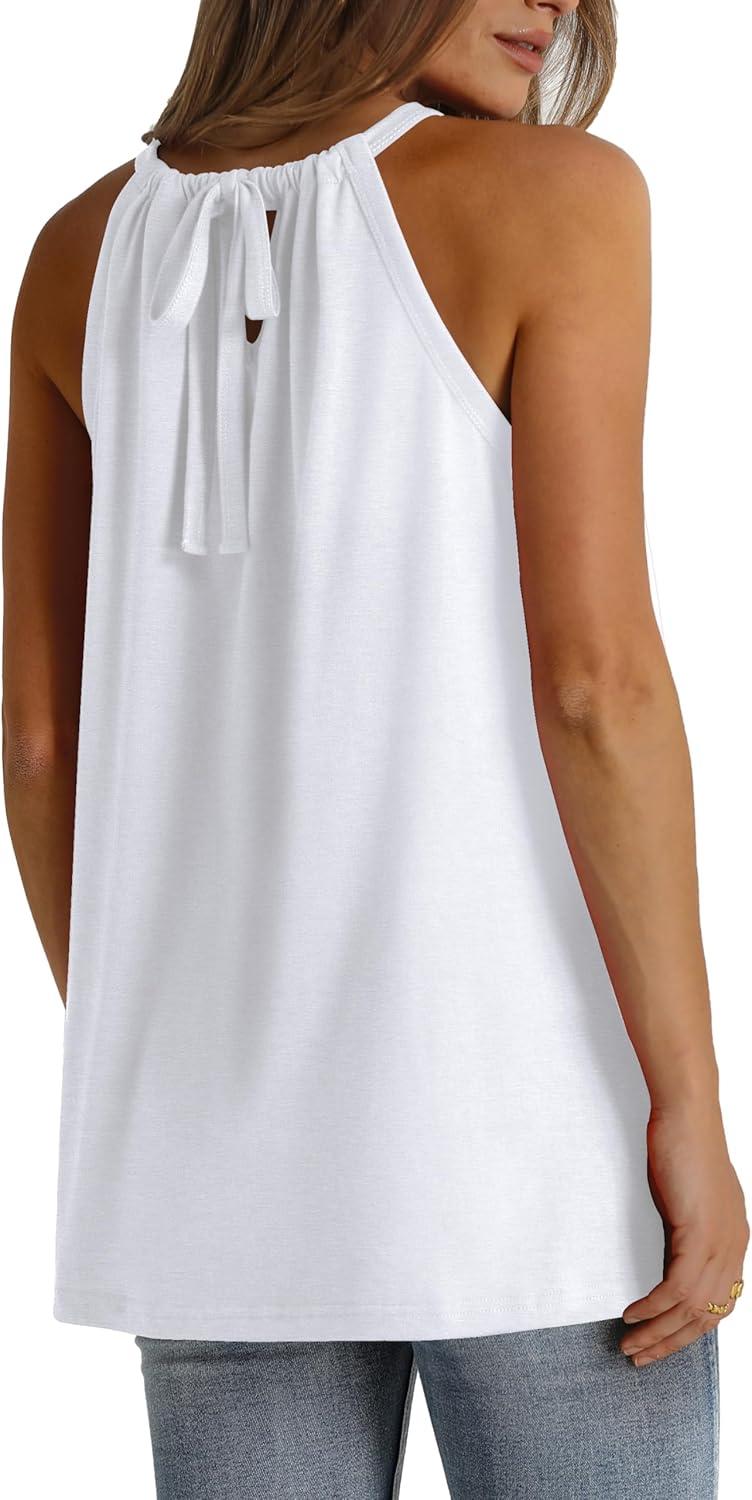 imageWIHOLL Summer Halter Neck Tank Tops for Women Pleated Loose Fit Sleeveless Tops FlowyAwhite