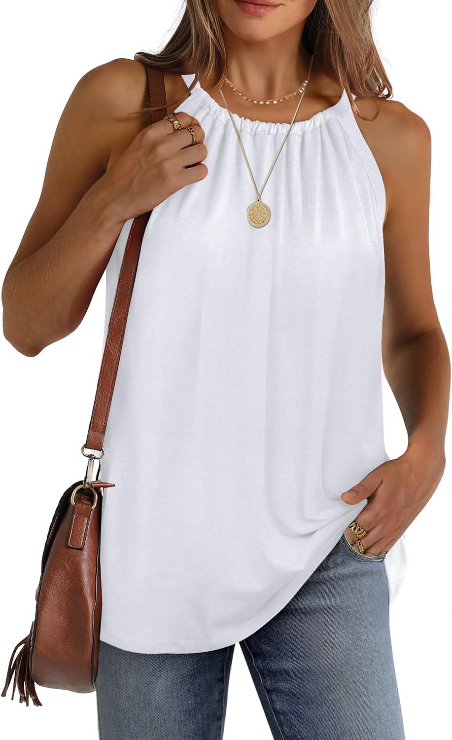 imageWIHOLL Summer Halter Neck Tank Tops for Women Pleated Loose Fit Sleeveless Tops FlowyAwhite