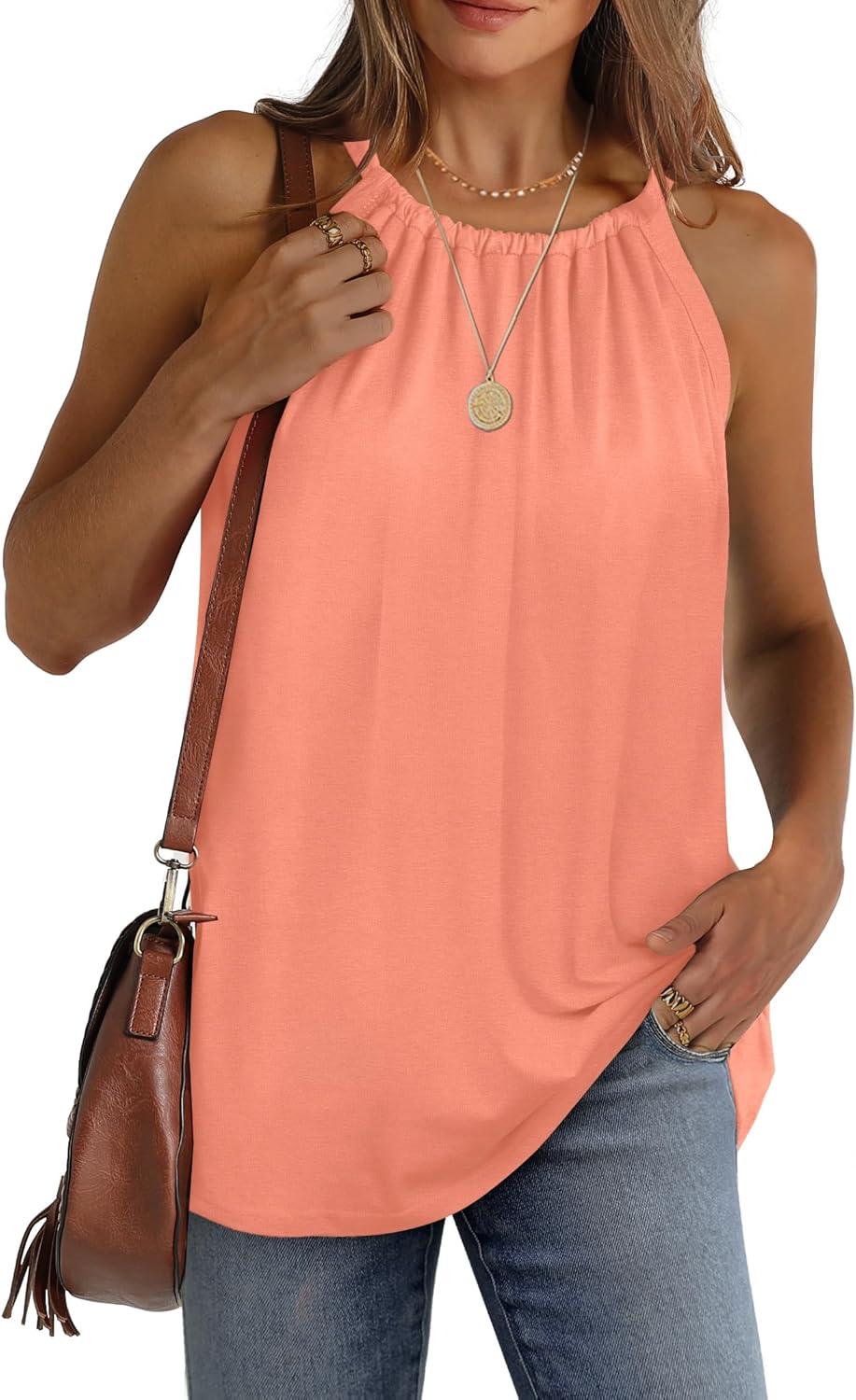 imageWIHOLL Summer Halter Neck Tank Tops for Women Pleated Loose Fit Sleeveless Tops FlowyBcoral