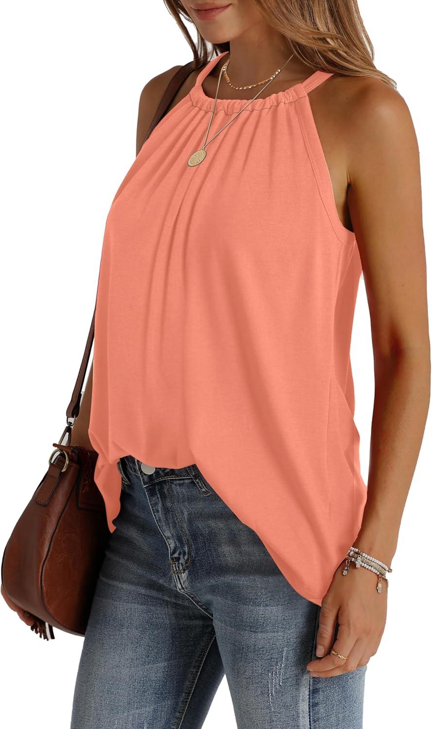 imageWIHOLL Summer Halter Neck Tank Tops for Women Pleated Loose Fit Sleeveless Tops FlowyBcoral