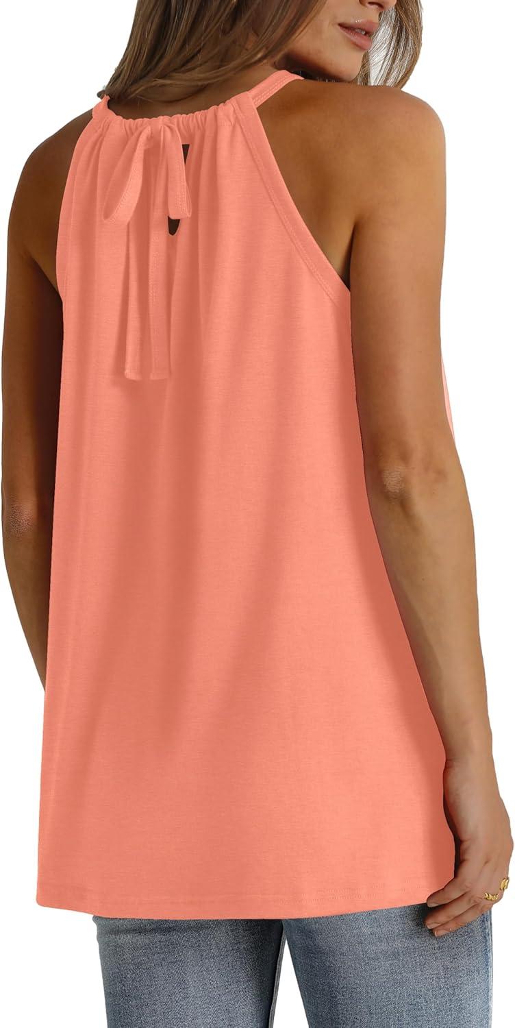 imageWIHOLL Summer Halter Neck Tank Tops for Women Pleated Loose Fit Sleeveless Tops FlowyBcoral
