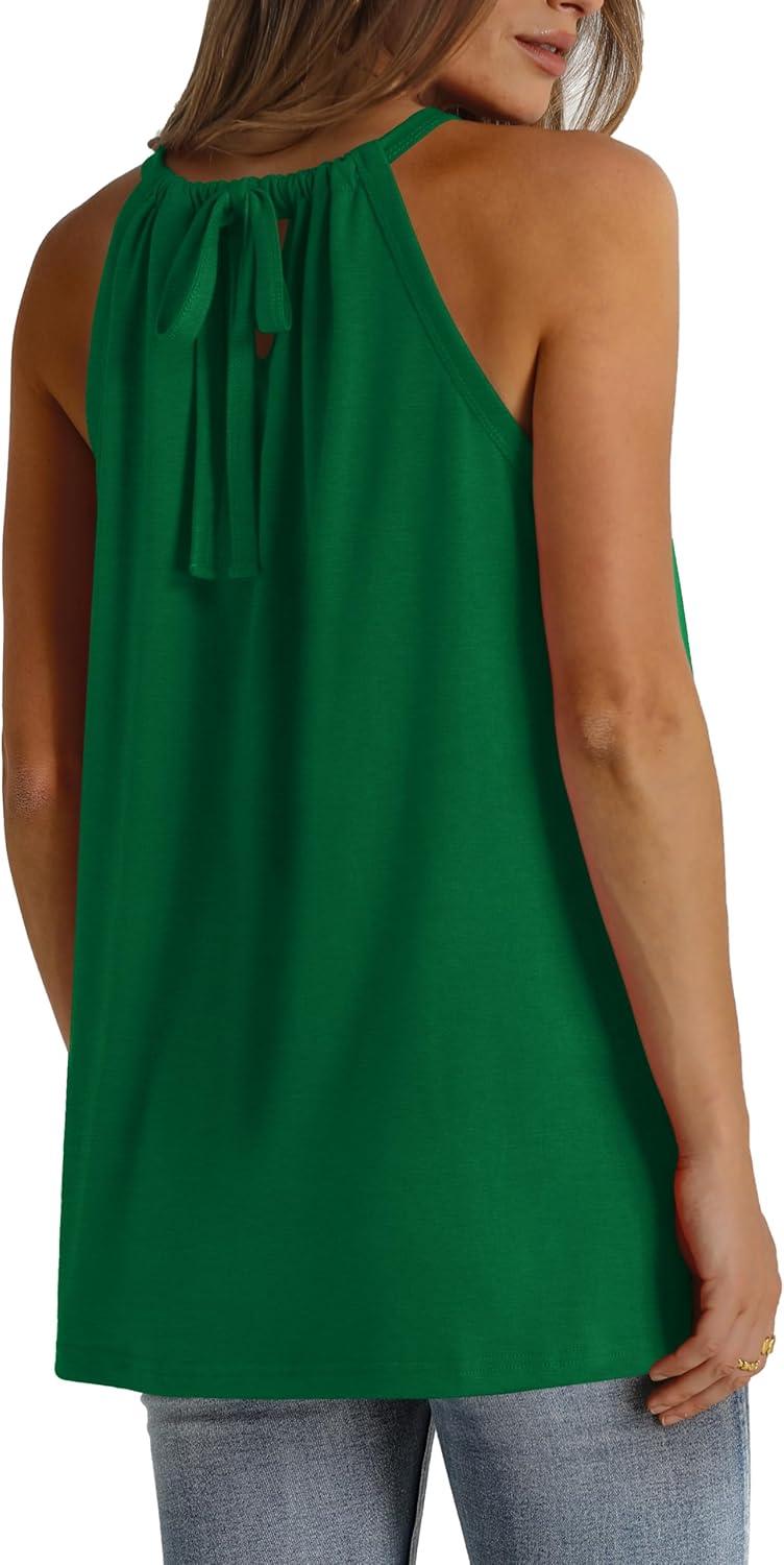 imageWIHOLL Summer Halter Neck Tank Tops for Women Pleated Loose Fit Sleeveless Tops FlowyBgreen