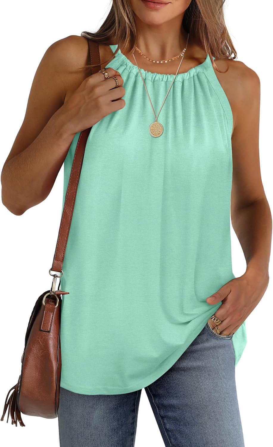 imageWIHOLL Summer Halter Neck Tank Tops for Women Pleated Loose Fit Sleeveless Tops FlowyBlake Green