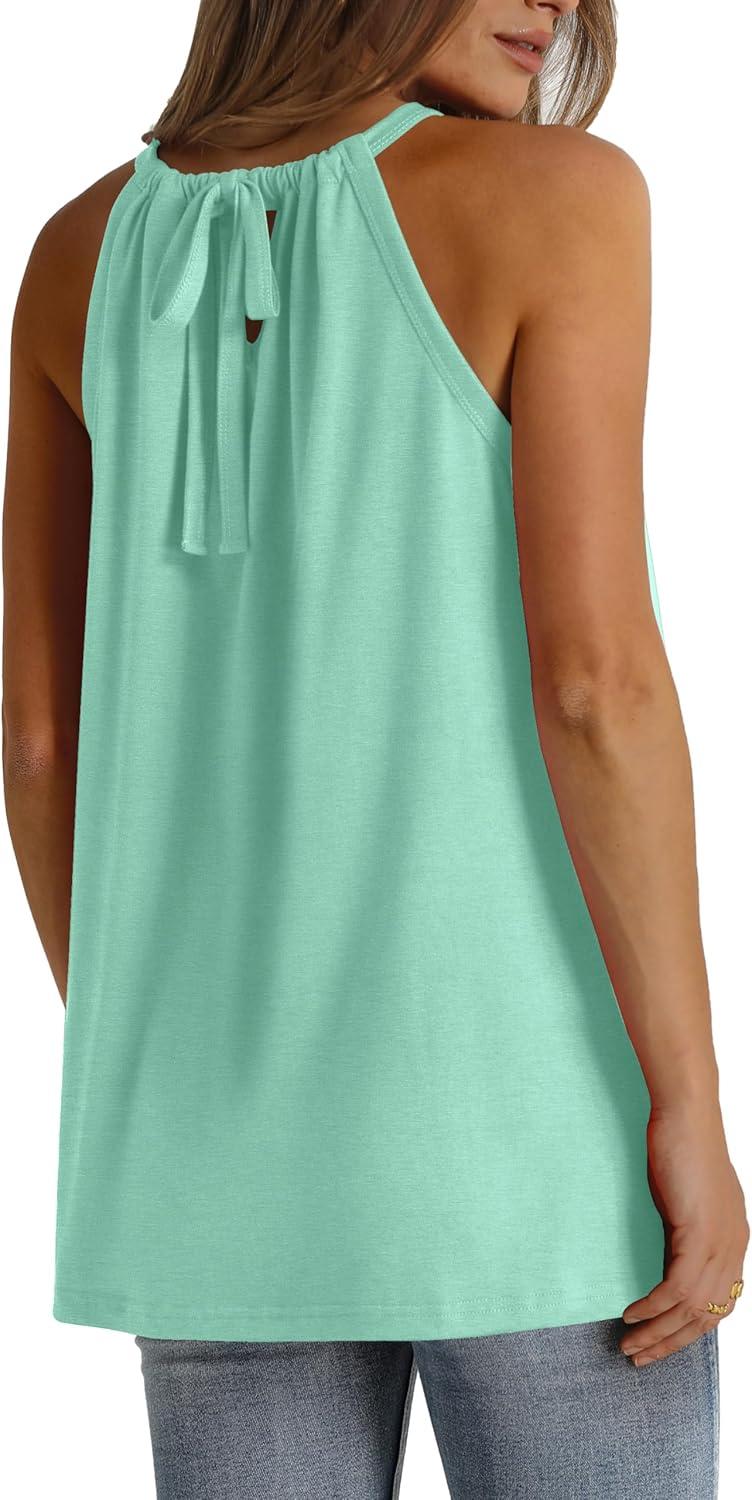 imageWIHOLL Summer Halter Neck Tank Tops for Women Pleated Loose Fit Sleeveless Tops FlowyBlake Green