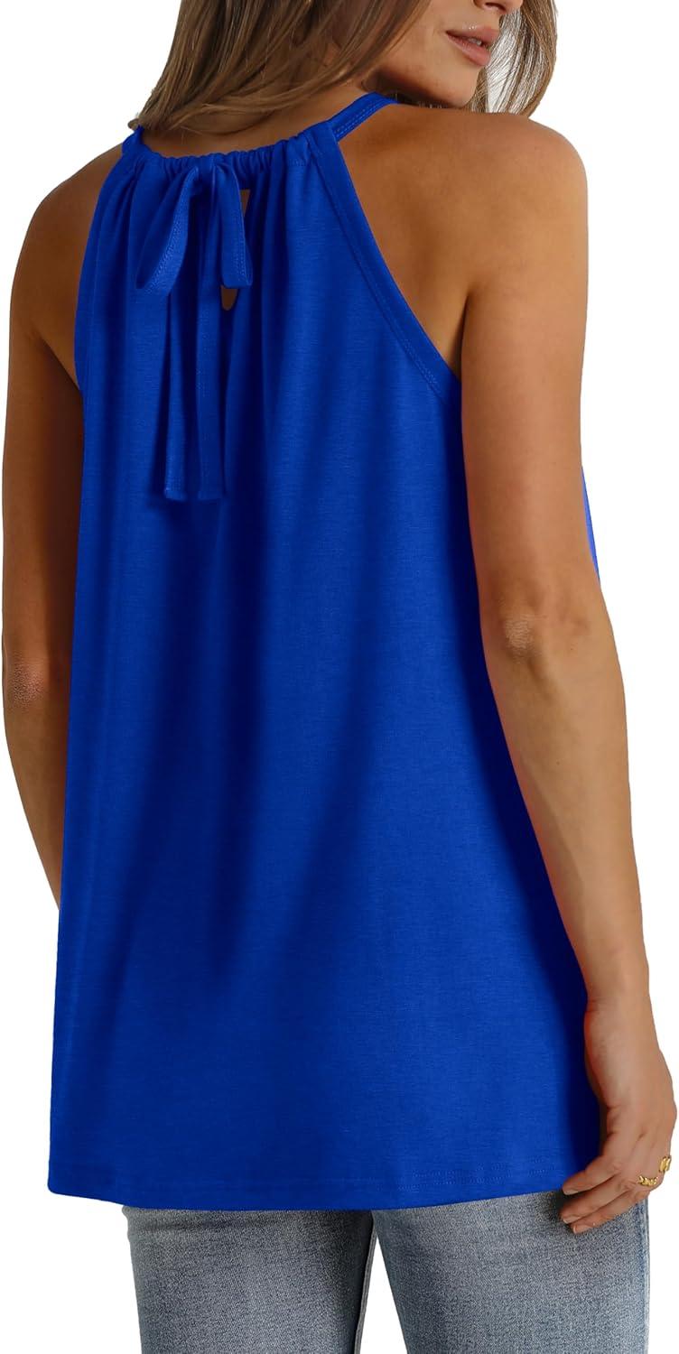 imageWIHOLL Summer Halter Neck Tank Tops for Women Pleated Loose Fit Sleeveless Tops FlowyCblue
