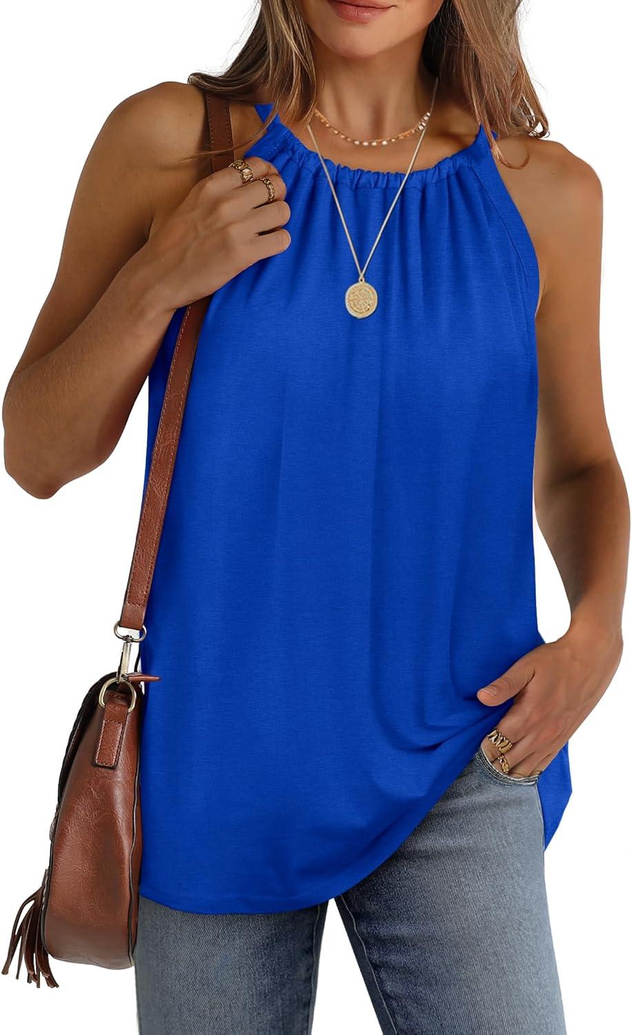 imageWIHOLL Summer Halter Neck Tank Tops for Women Pleated Loose Fit Sleeveless Tops FlowyCblue